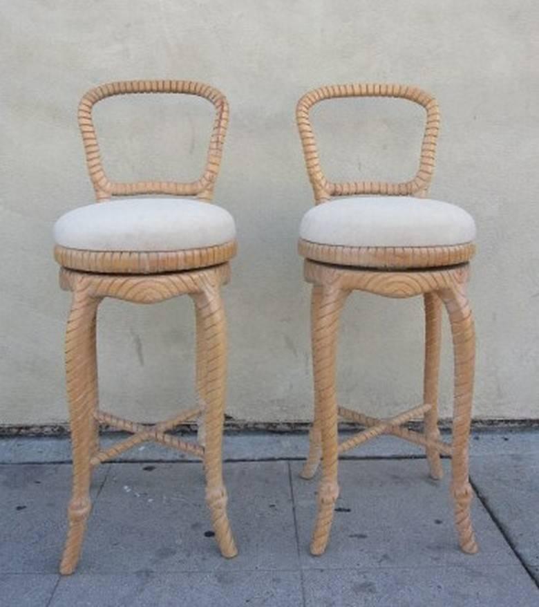 20th Century Pair of Carved Wood Swivel Bar Stools