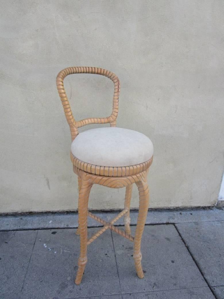 Post-Modern Pair of Carved Wood Swivel Bar Stools