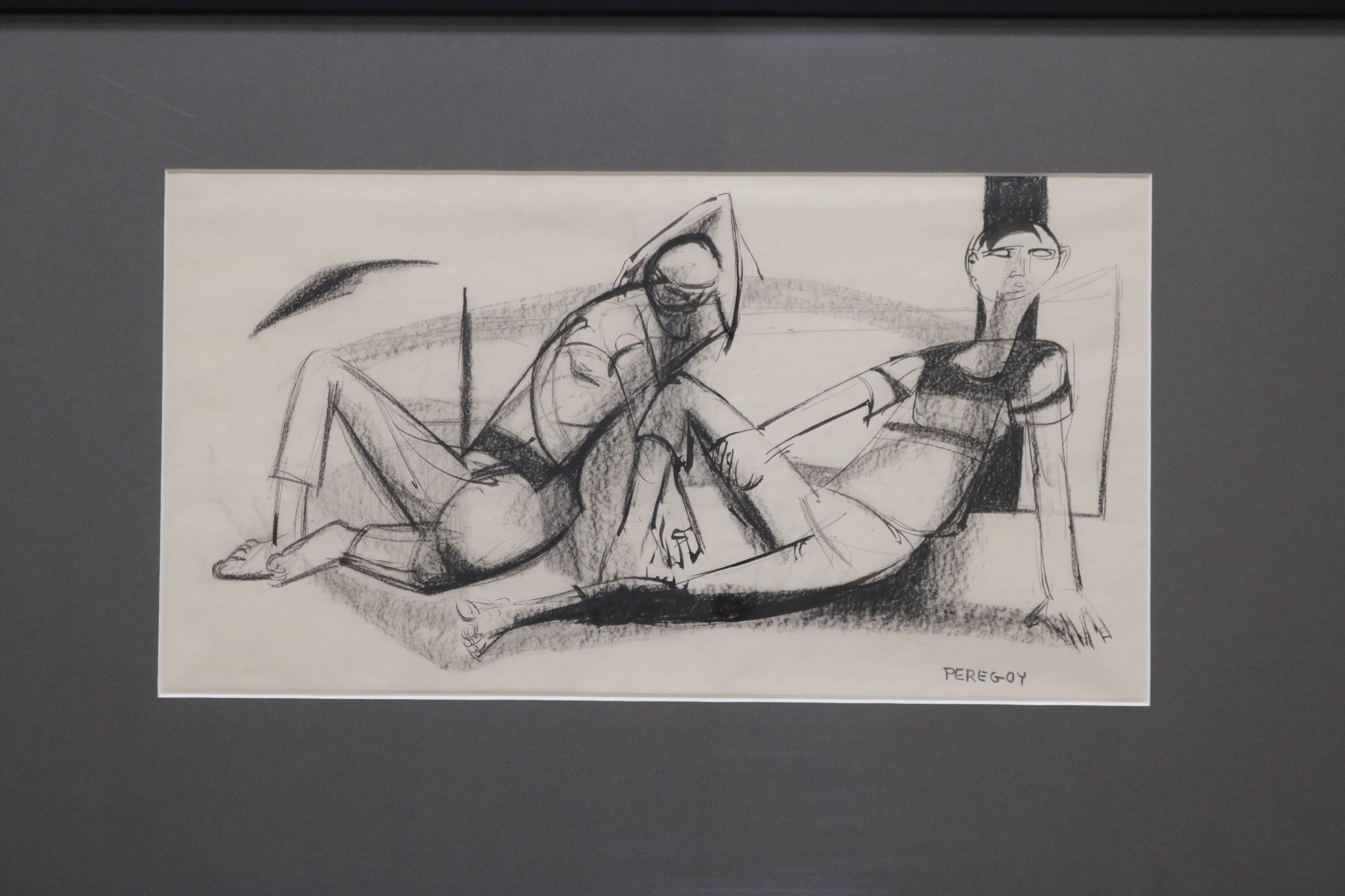 This framed charcoal and ink sketch by Walter Peregoy shows two lounging figures. Signed by the artist.

A perfect of drawing strokes, Walter Peregoy, (1925-2015) was an American artist acclaimed for his Avant Garde style. He is also known for his