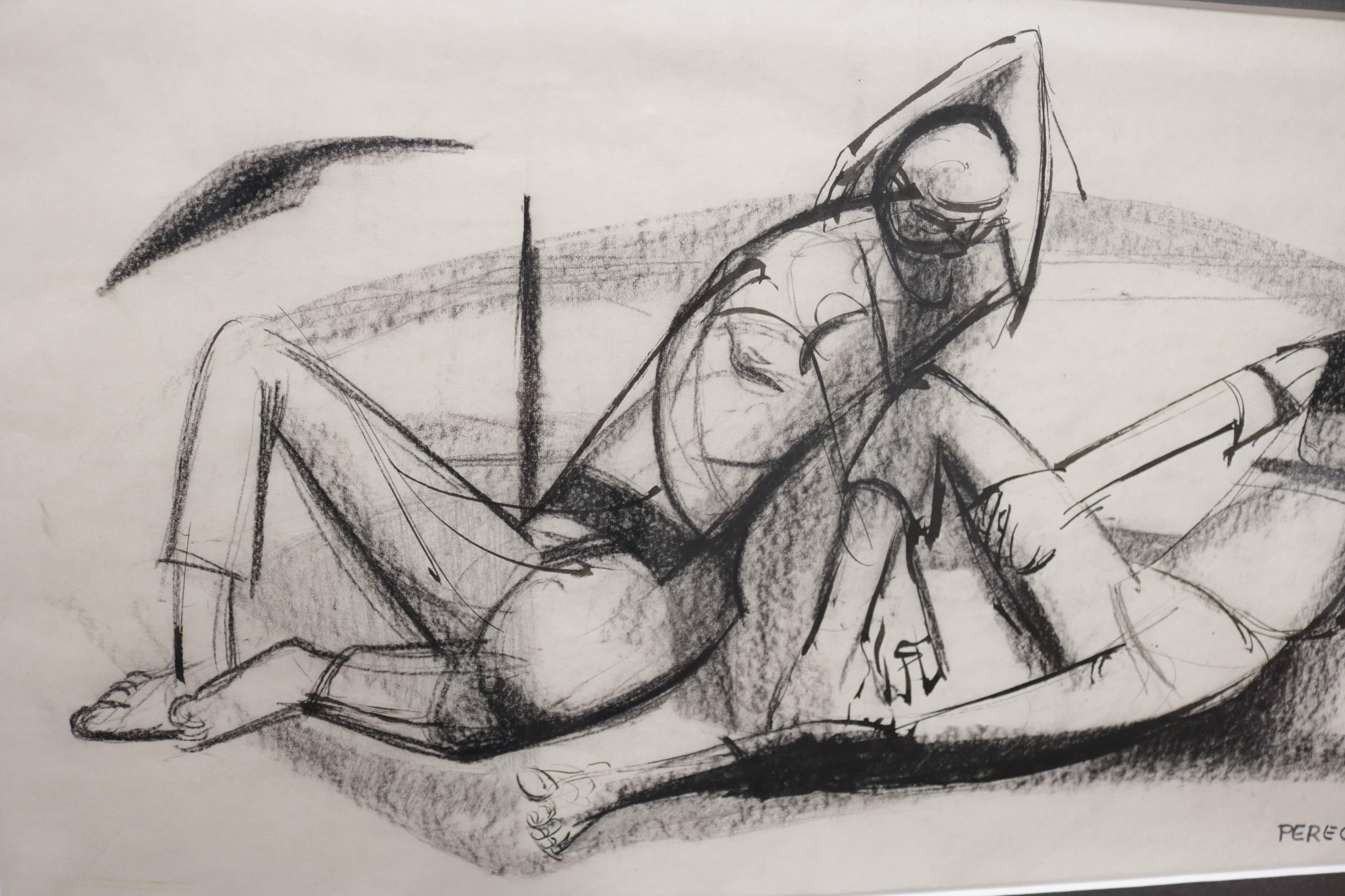 American Two Lounging Figures in Charcoal and Ink by Walter Peregoy