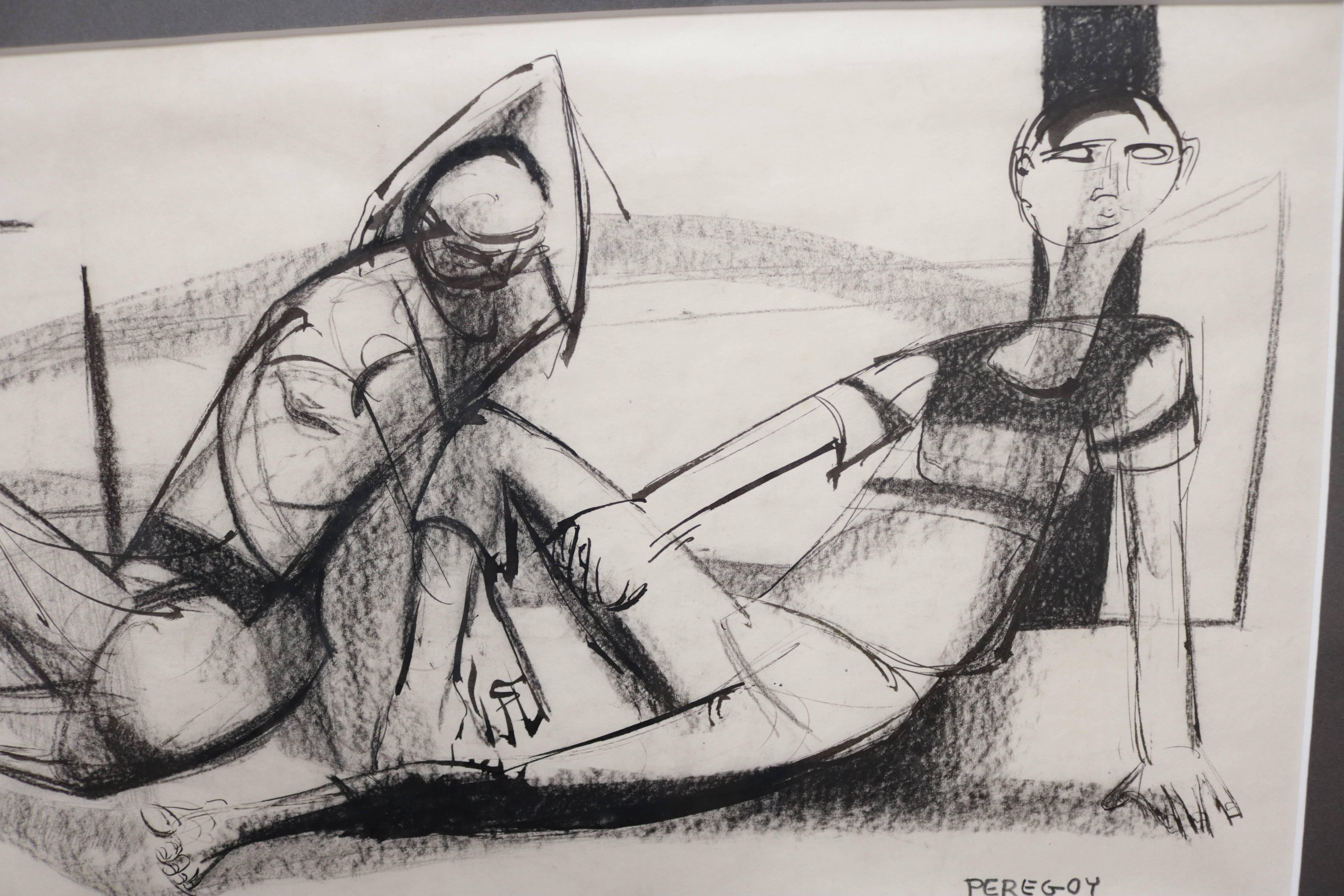 Post-Modern Two Lounging Figures in Charcoal and Ink by Walter Peregoy