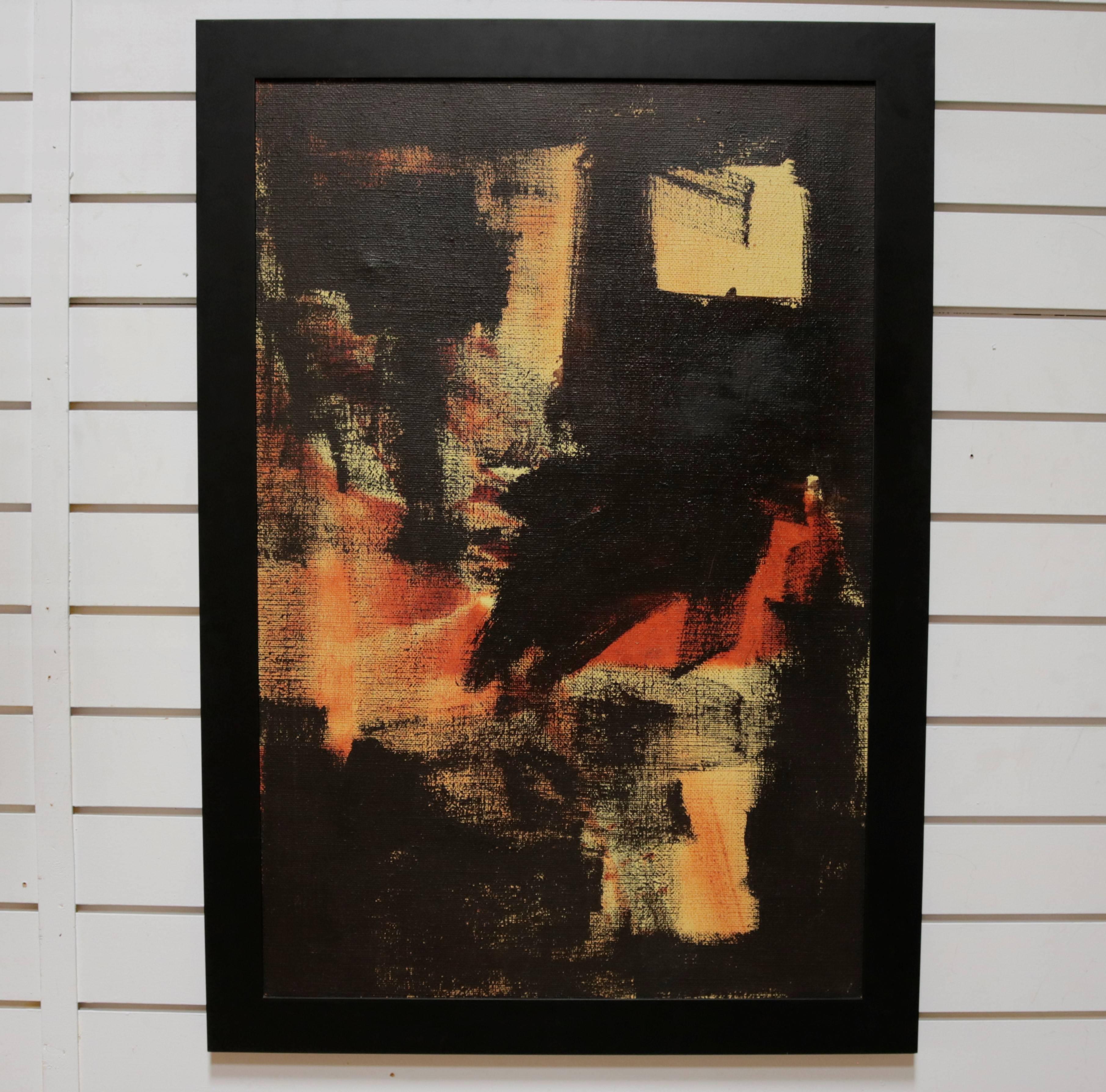 Painting on canvas in orange, yellow and black. No artist's signature; newly reframed in black wood.