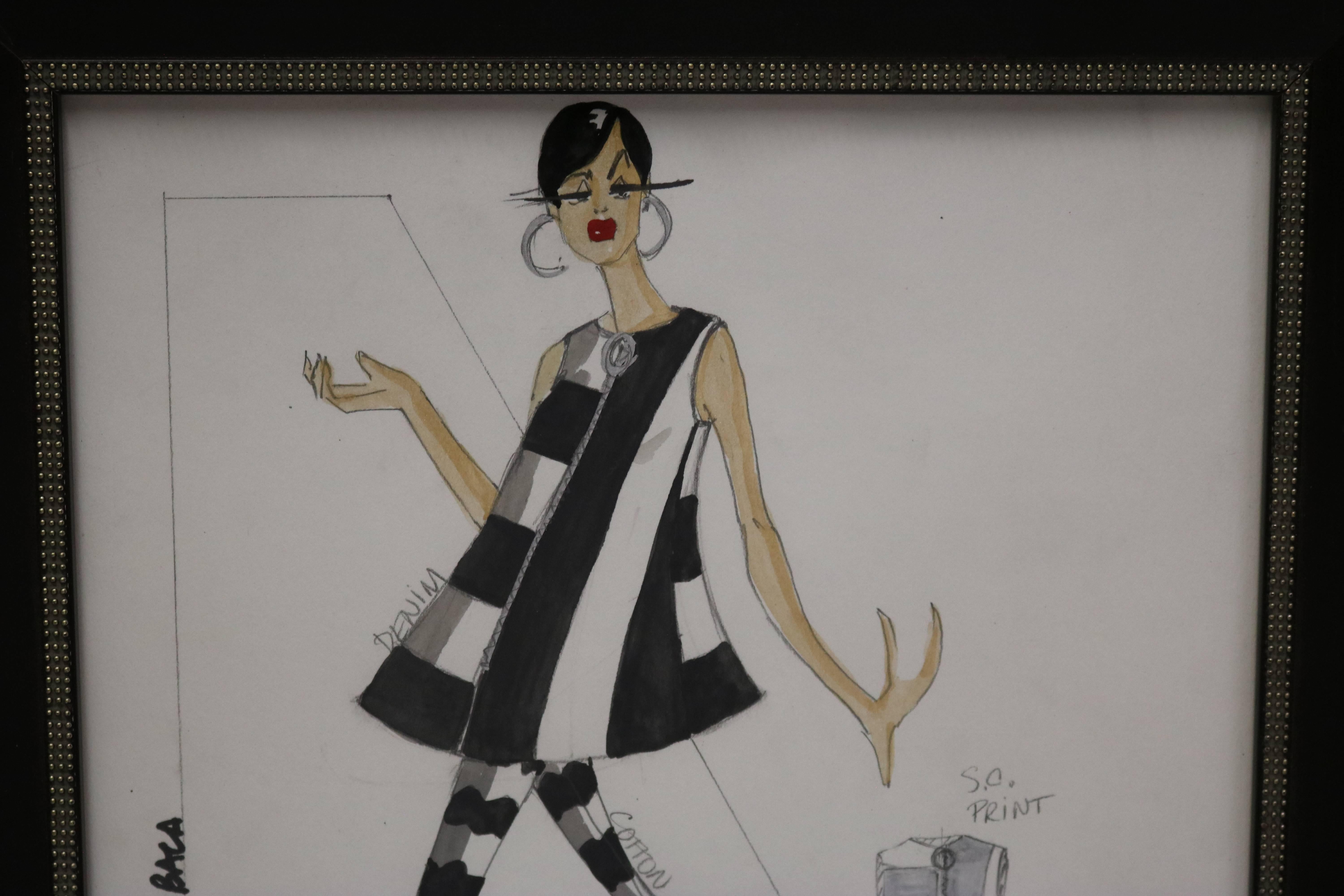Illustration of a fashion figure wearing an A-line tunic and leggings in a mod, Op-Art striped print and pattern flats beside it. Marker on paper, signed by Ruben Robledo.