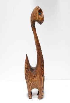 Striking Bocote Wood Sculpture of a Cat with Blue Eyes