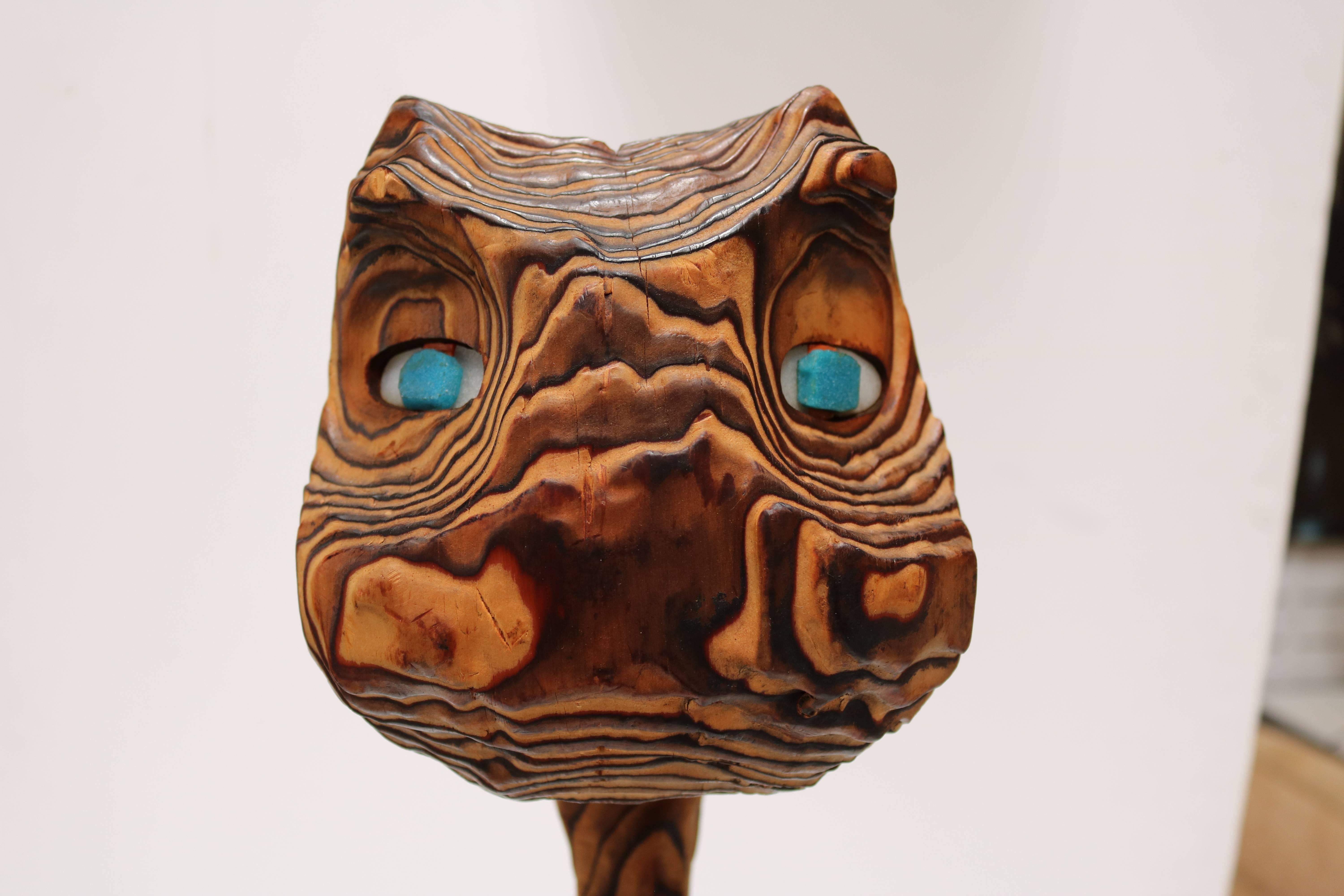 Mid-Century Modern Striking Bocote Wood Sculpture of a Cat with Blue Eyes