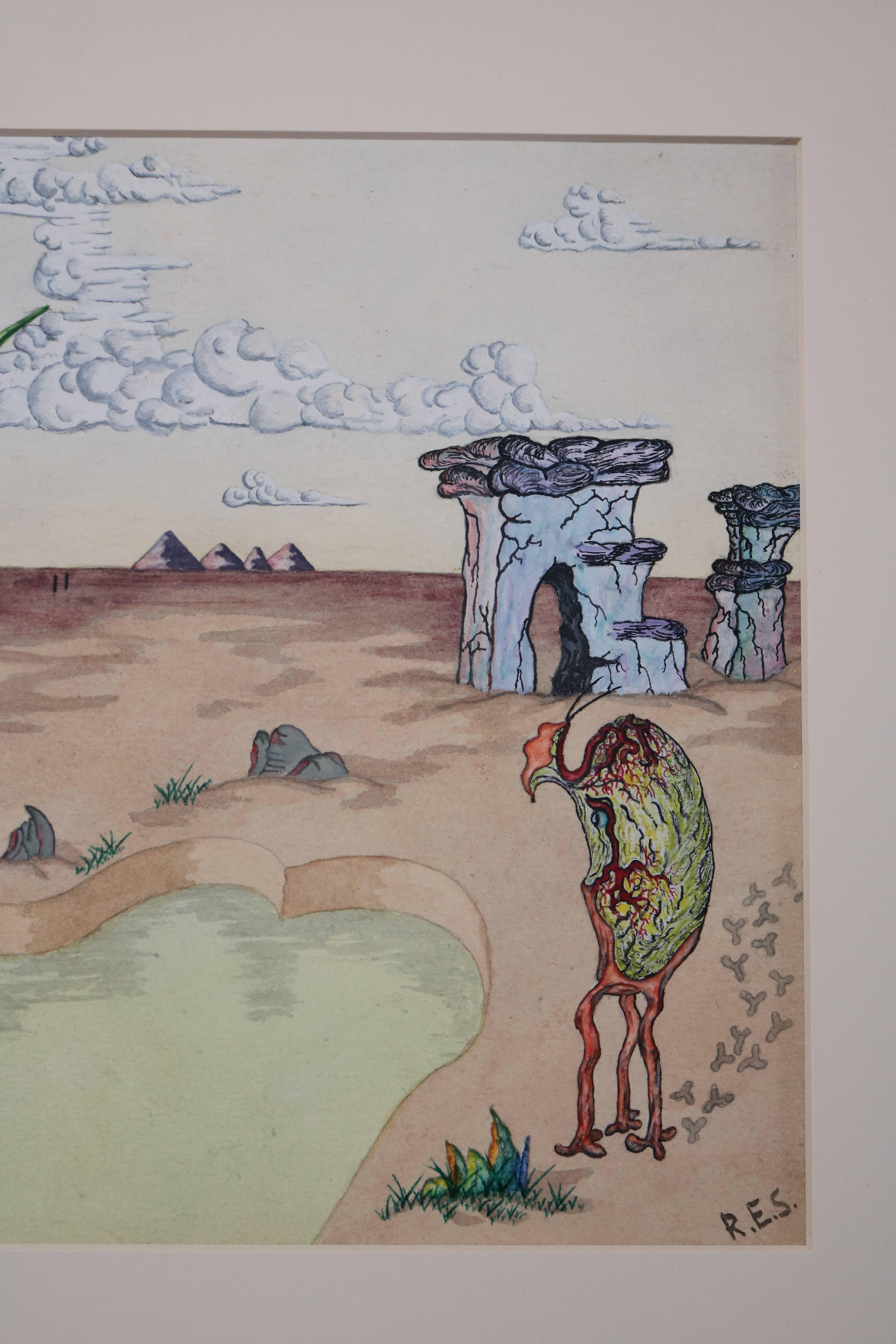 Surrealist Landscape Watercolor Signed R. E. Schwelke and Dated 1947 In Excellent Condition For Sale In Pasadena, CA