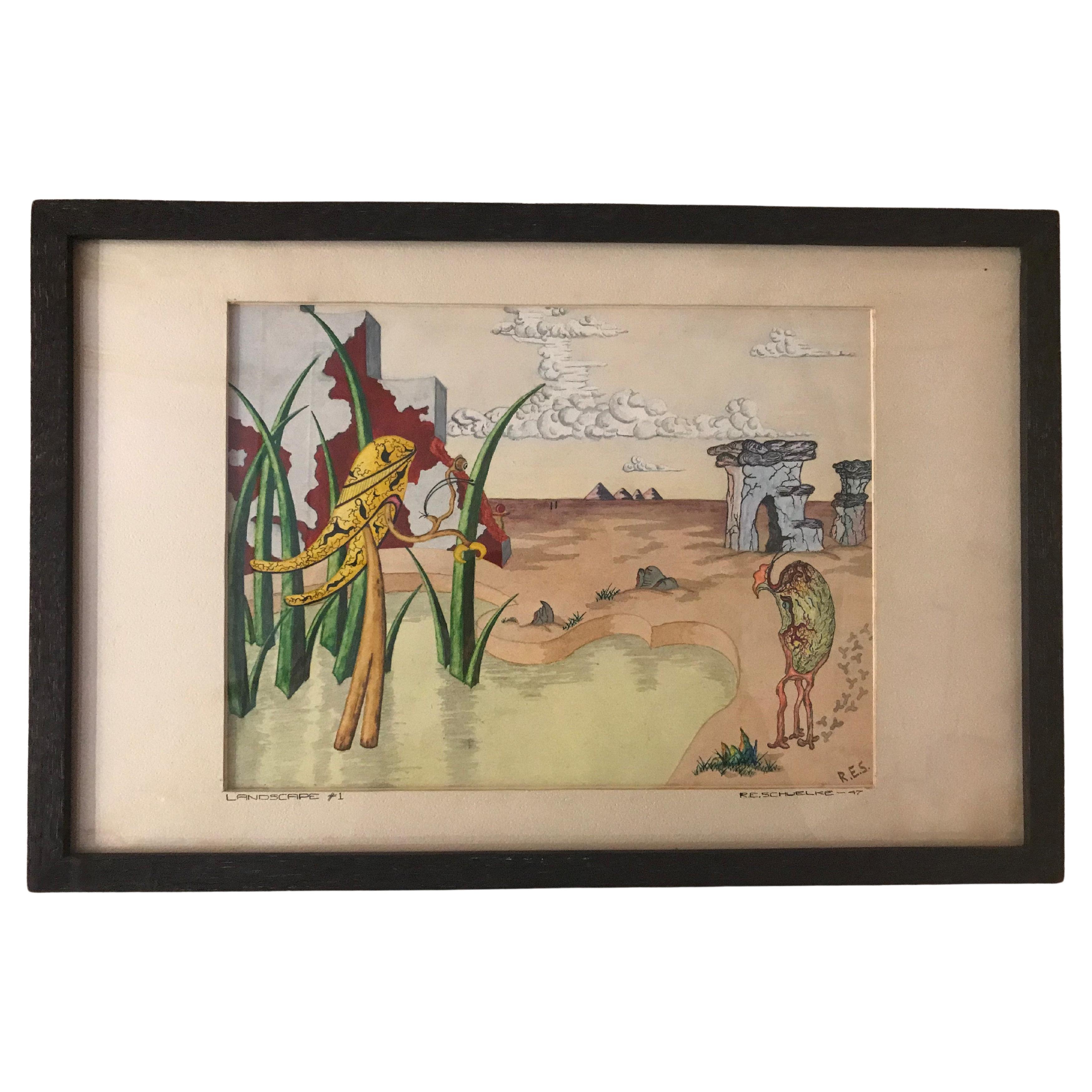 Aquarelle de paysage surréaliste signée R. E. Schwelke et datée de 1947