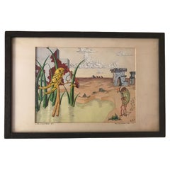 Aquarelle de paysage surréaliste signée R. E. Schwelke et datée de 1947