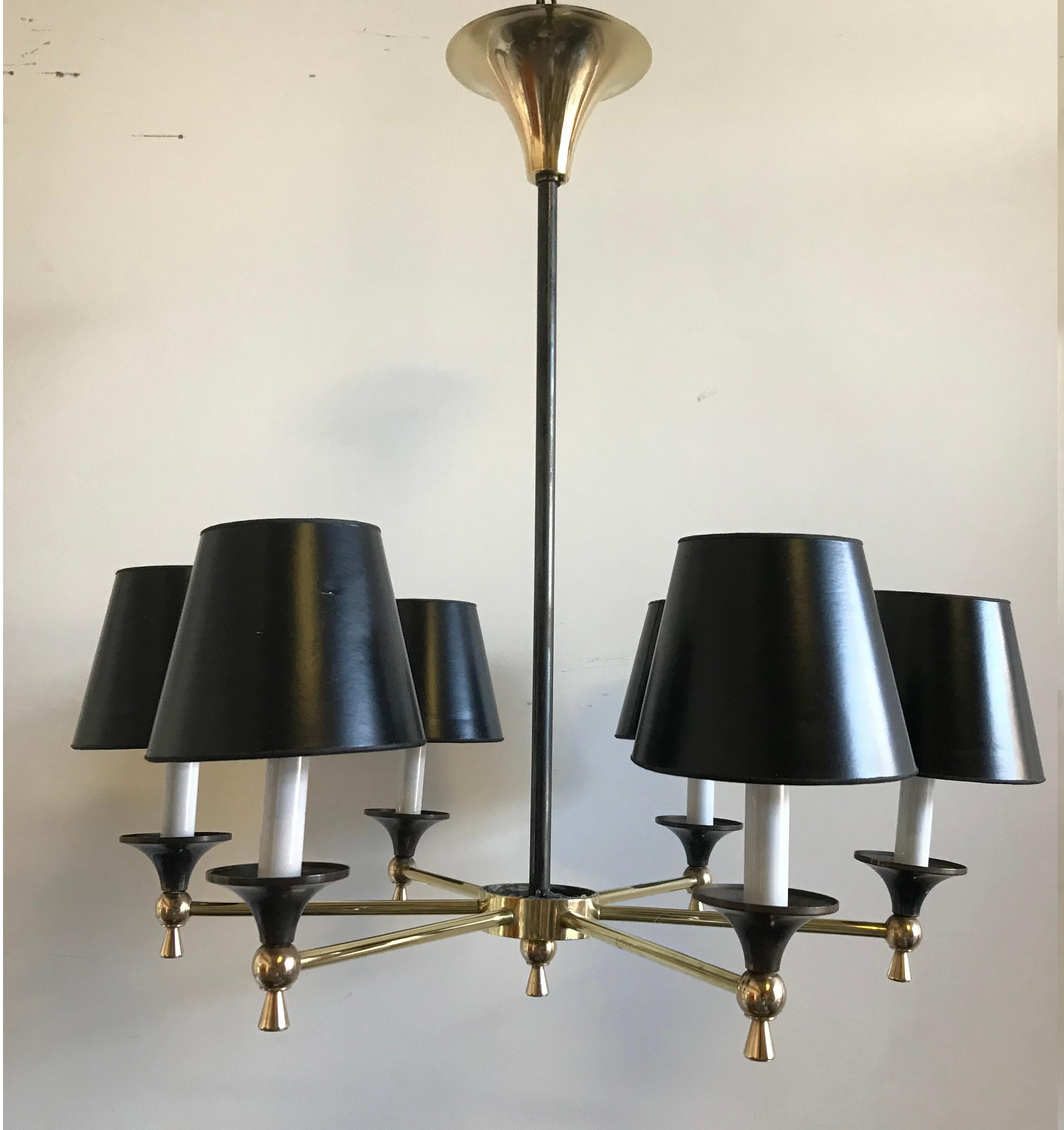 Pair of Jacques Adnet French 6-Light Chandeliers
