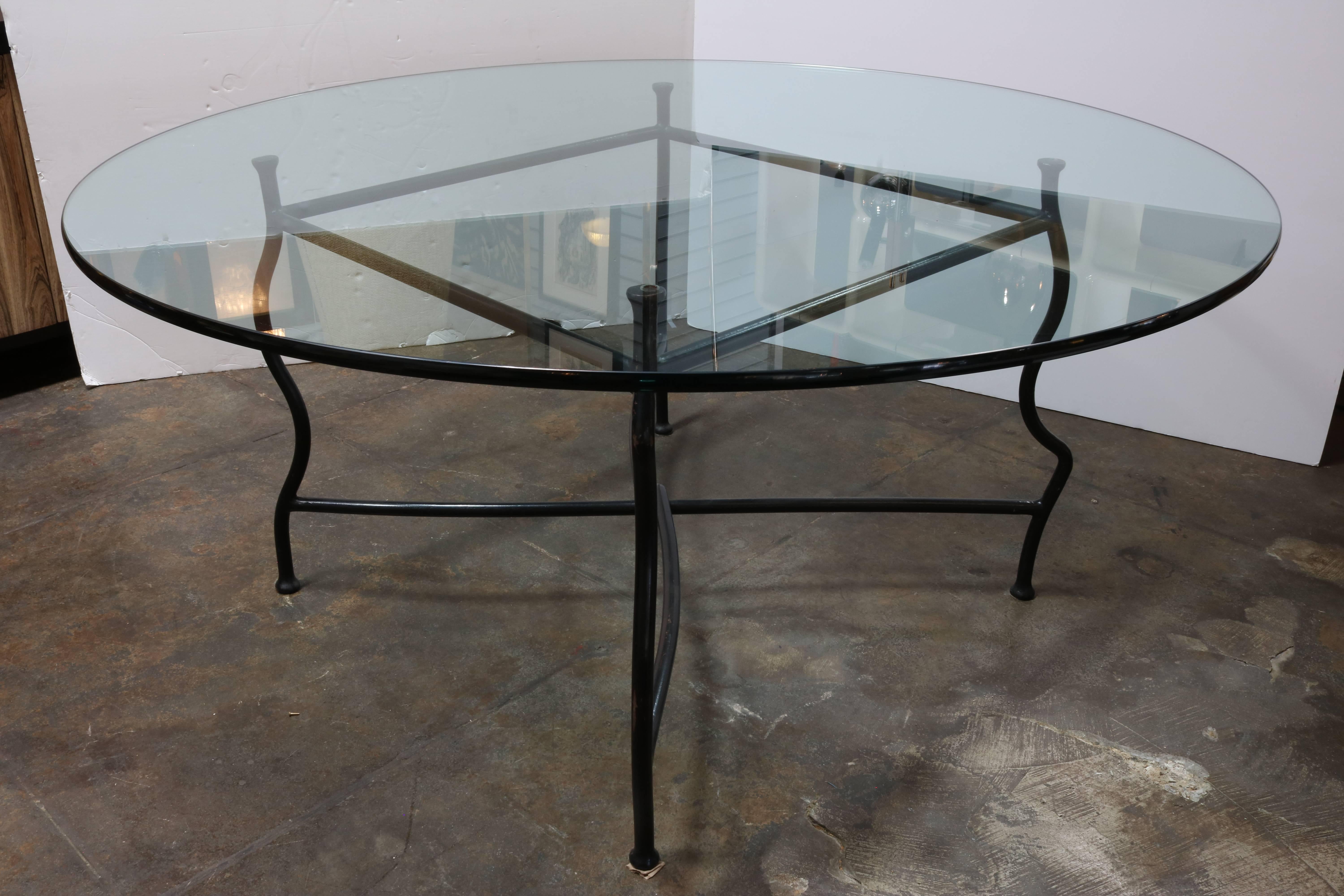 Mid-Century Modern Unique Gun Finish Steel Base Dining Table with Glass Top