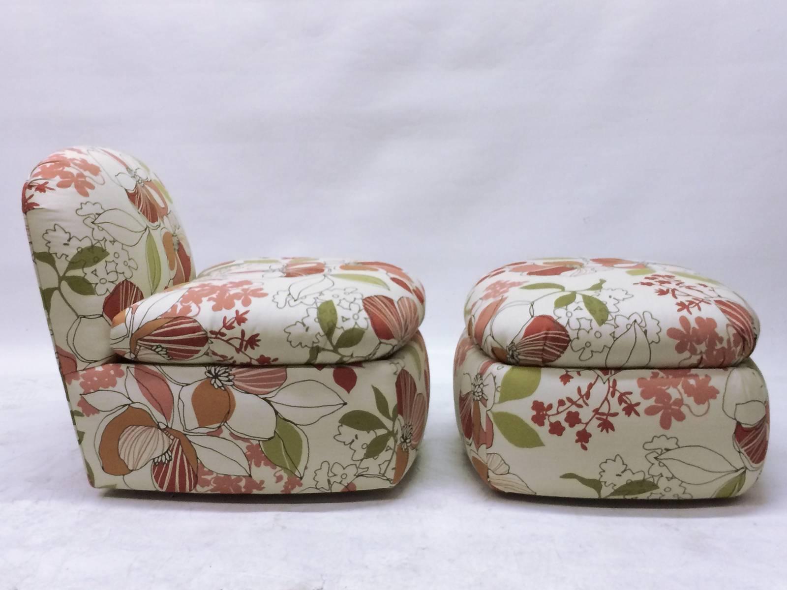 Very comfortable mid Century slipper chair and ottoman in pop feeling floral pattern. The chair is 34 deep by 30 high and 30 wide.  The seat height is 18.   The ottoman is 30 wide by 24 deep and 18 high as well.  