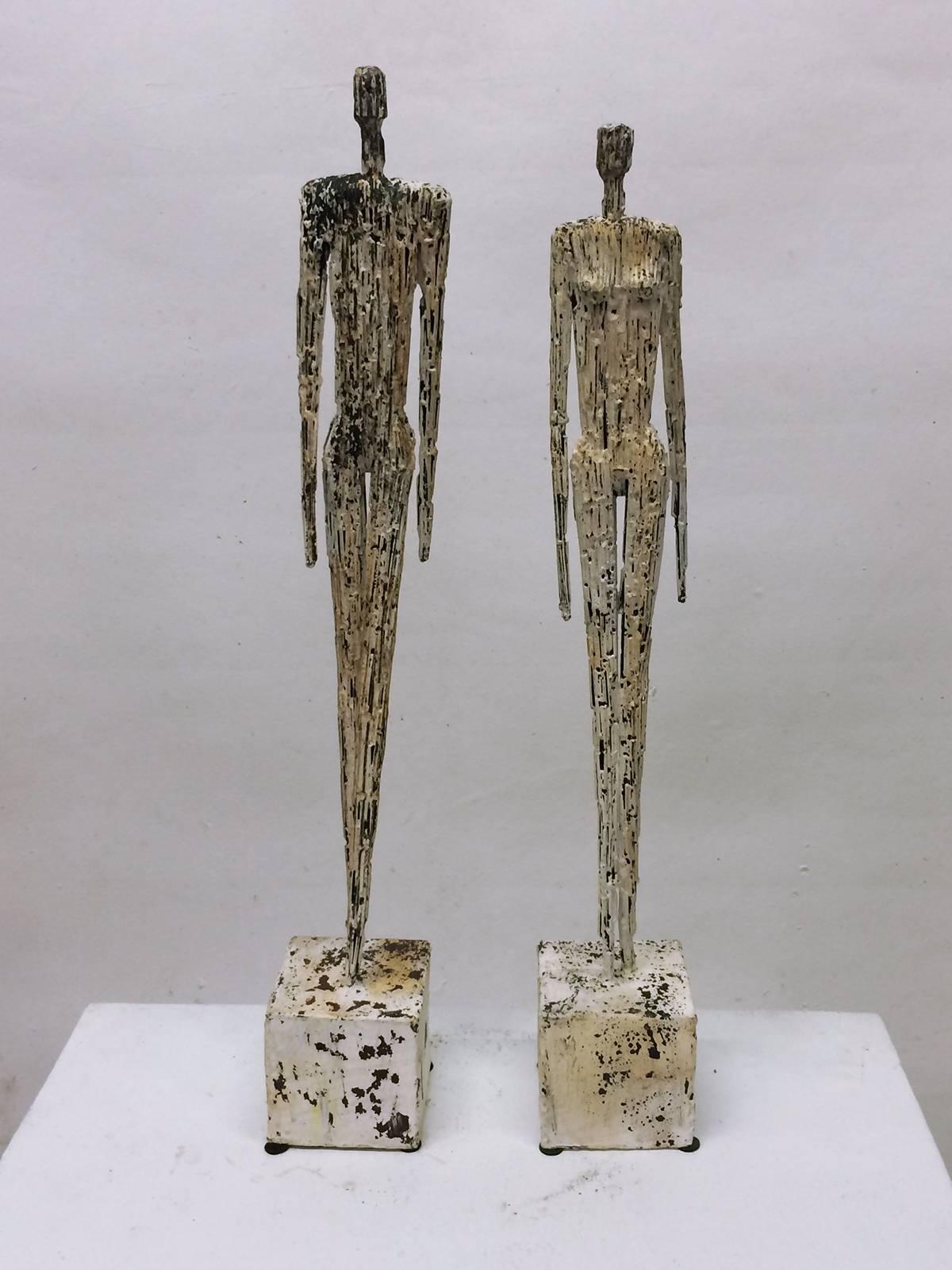 Mid-Century Modern Pair of Distress Metal Figures in the Manner of Giacometti 