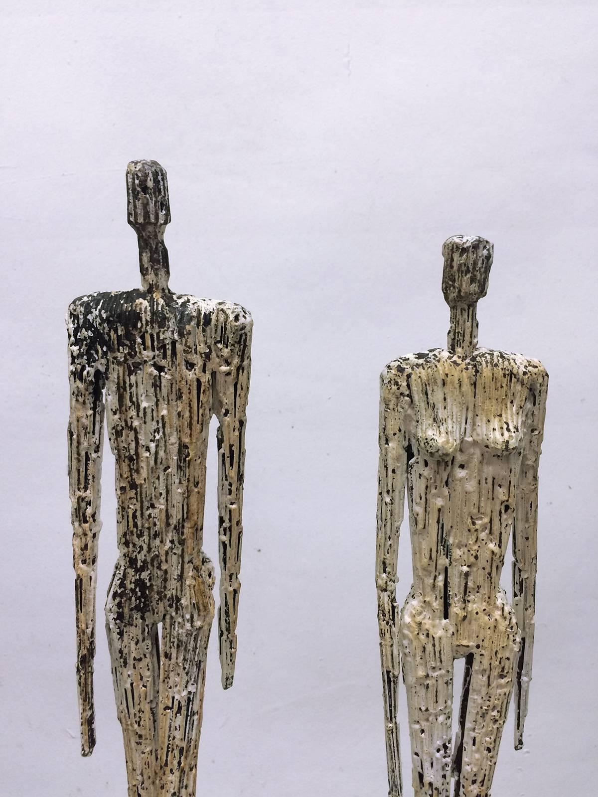 Painted Pair of Distress Metal Figures in the Manner of Giacometti 