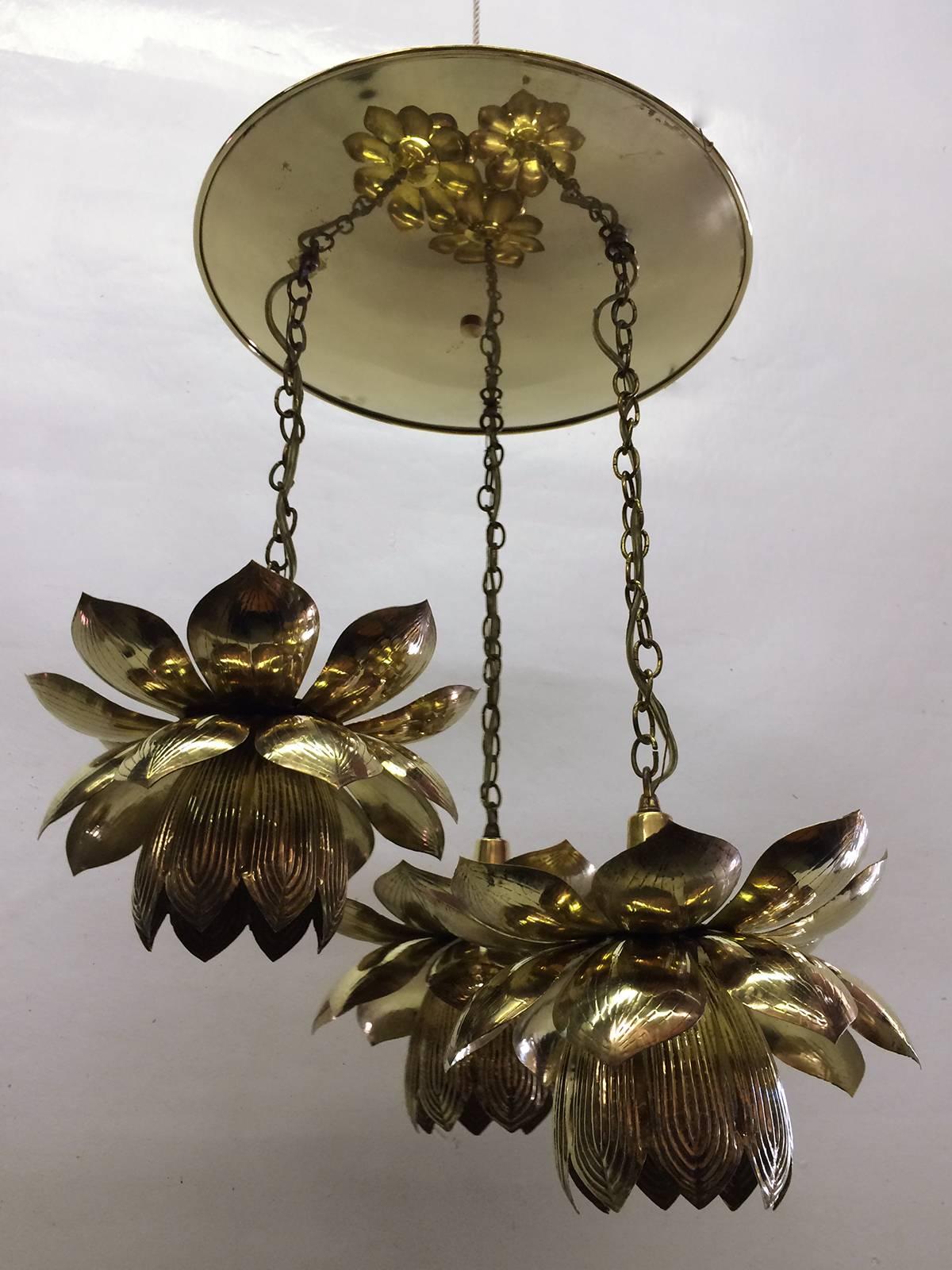 Three pendant light lotus brass chandelier by Feldman.