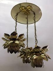 Three Pendant Light Lotus Brass Chandelier by Feldman