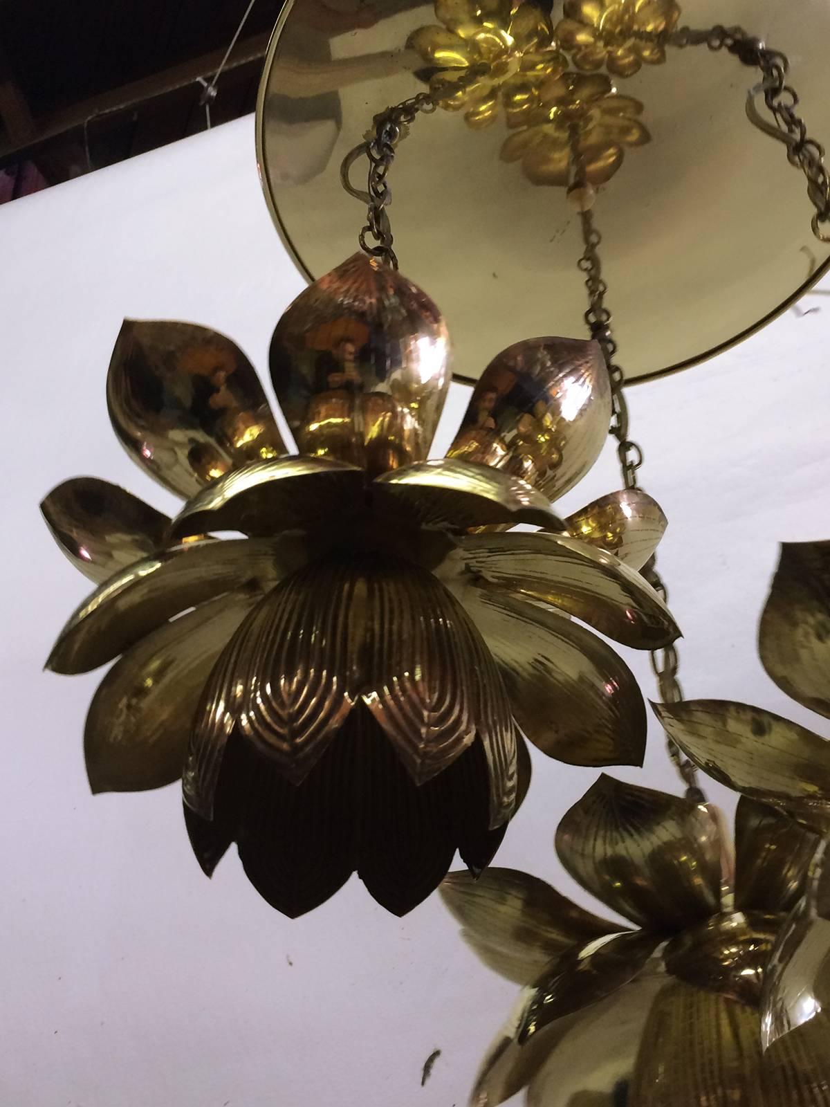 American Three Pendant Light Lotus Brass Chandelier by Feldman
