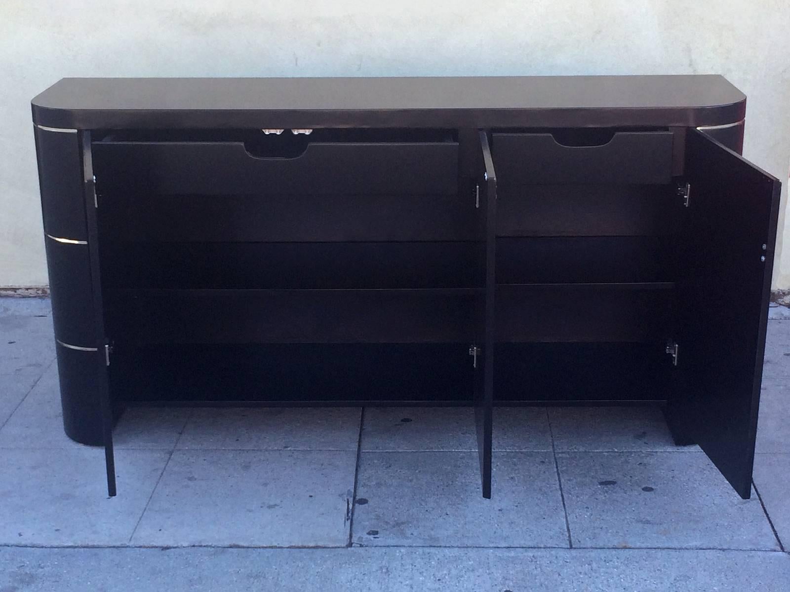 American Sophisticated Three Door Credenza in Black Lacquer and Brass Banding