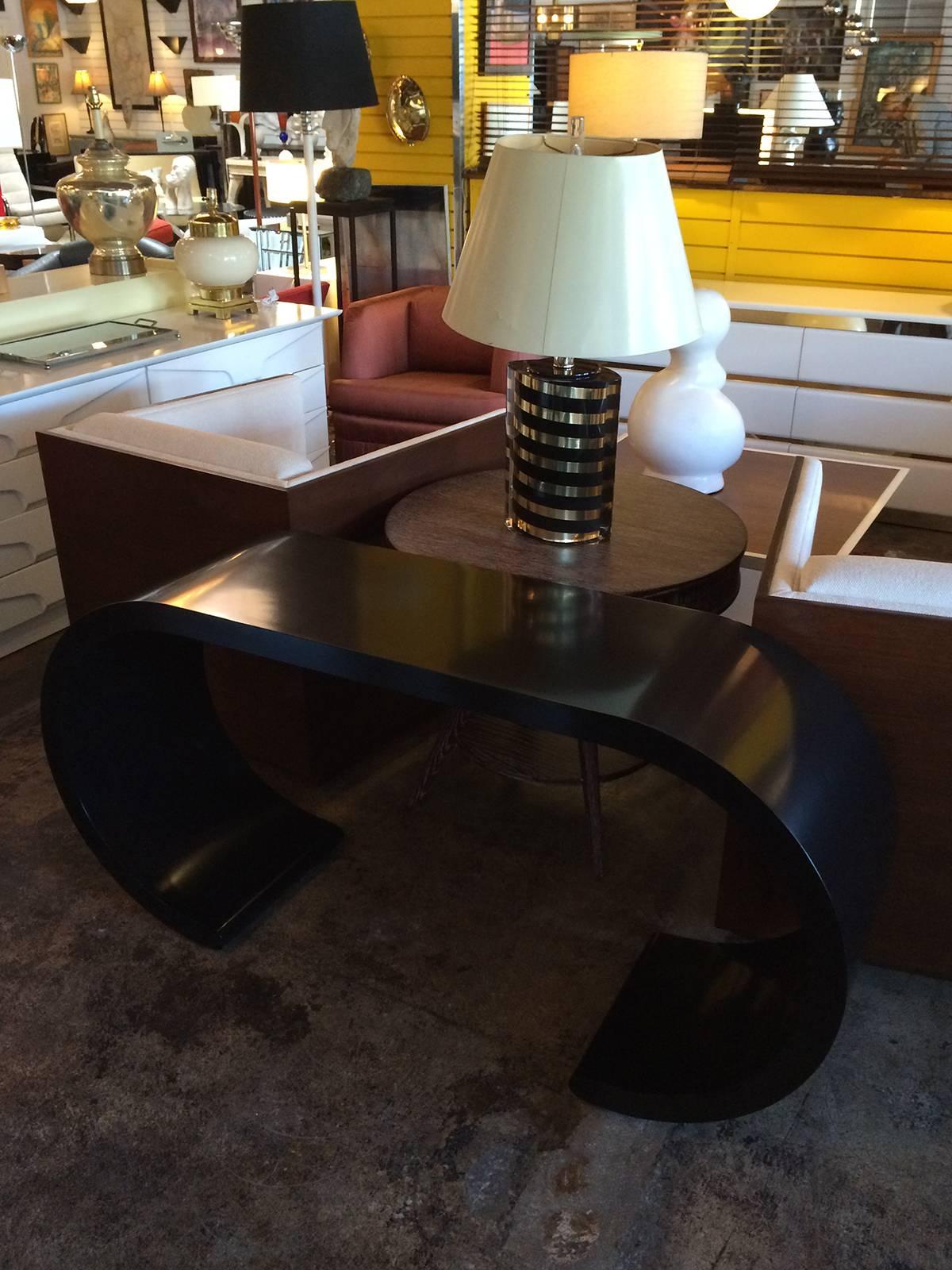 Chic Black Lacquer Scroll Console Table in the Manner of Karl Springer In Excellent Condition In Pasadena, CA