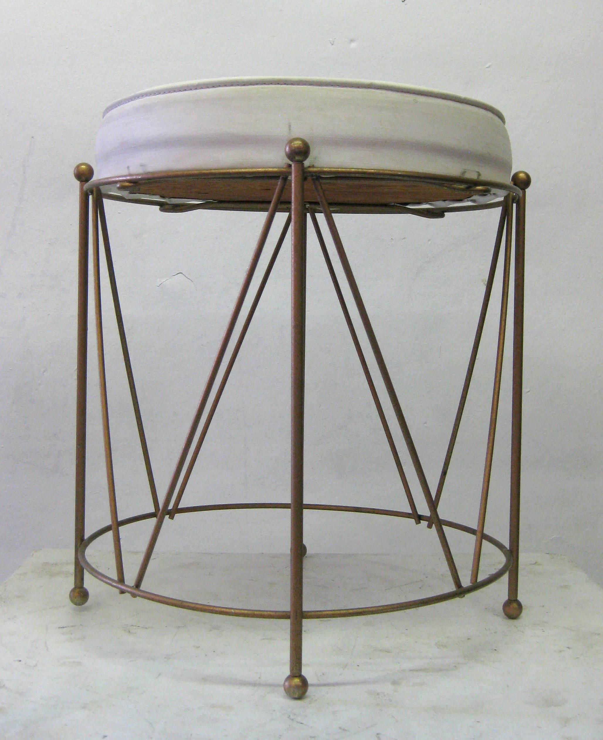 20th Century Jansen Style Stool in Brass with White Cushion