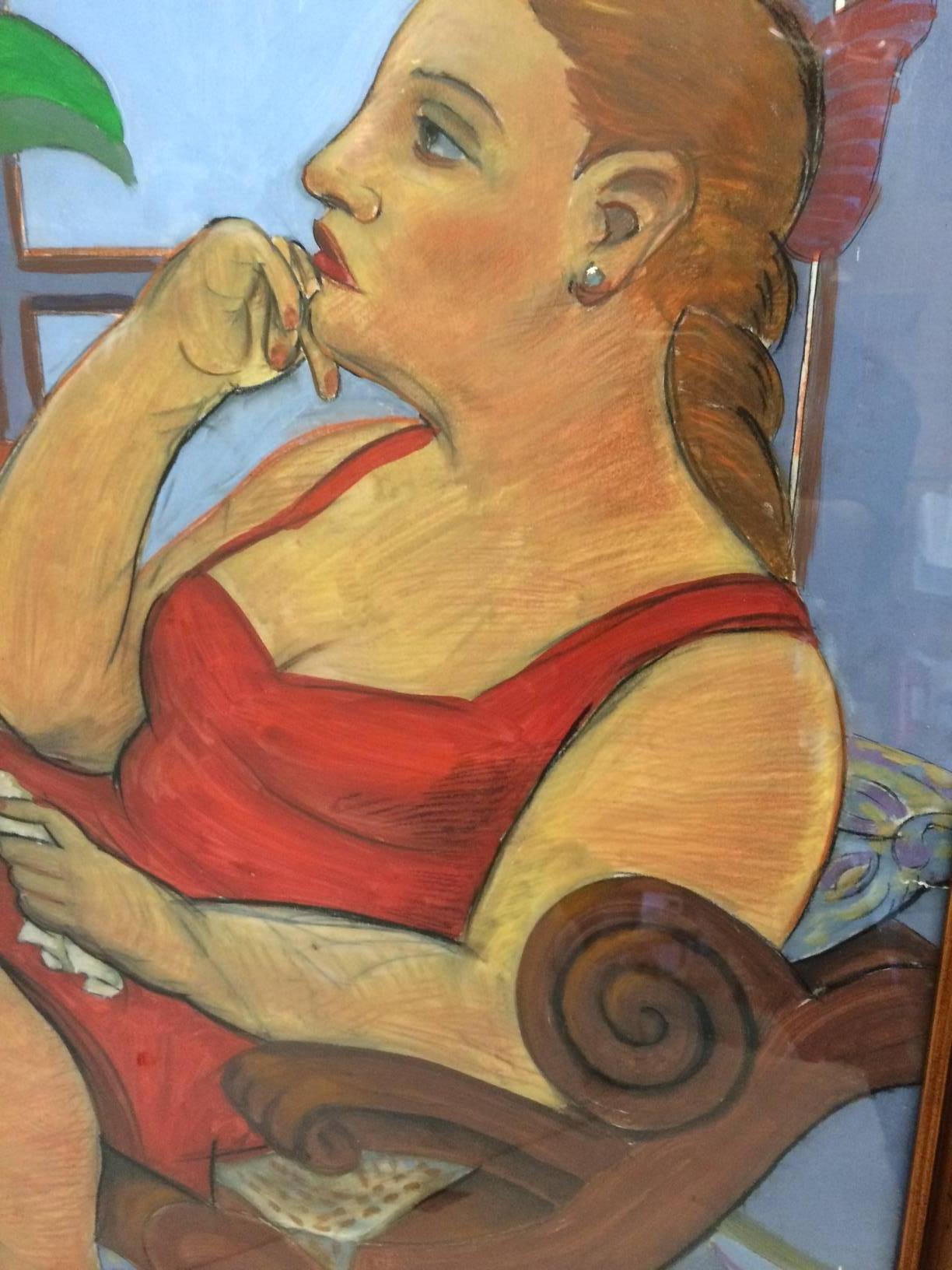 This pastel drawing of a female figure is dynamic in its use of cool and warm colors and the complementary red and green. The drawing pictures a women seated in an antique chair wearing a red dress and looking off the left side of the picture. It