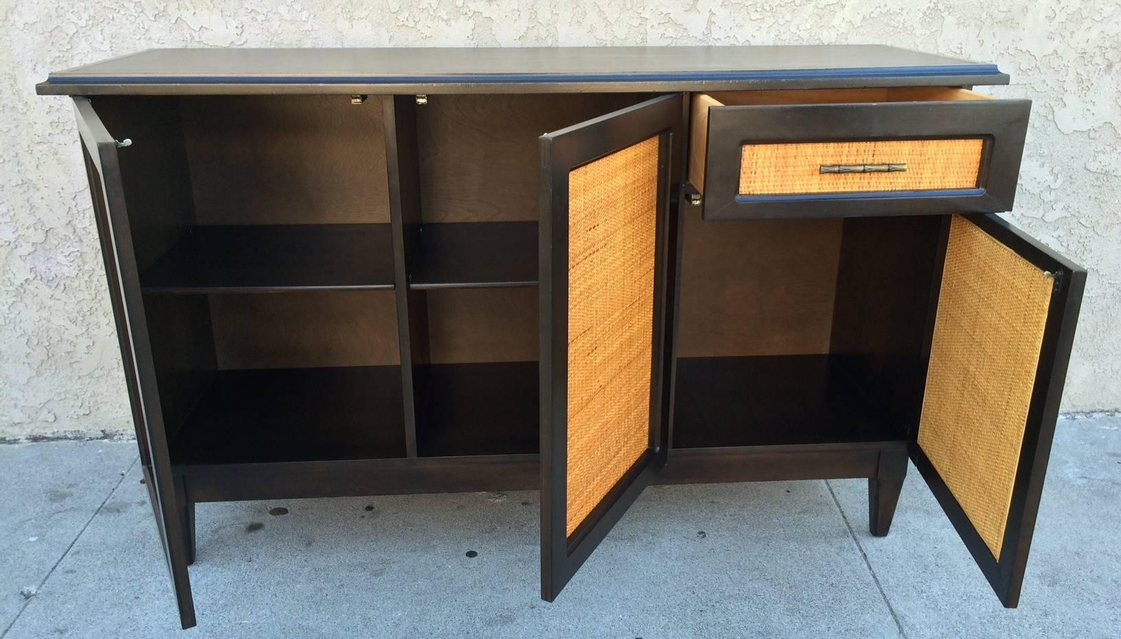 Mid-Century Modern Light Color Cane and Dark Walnut Credenza in the Manner of Edward Wormley