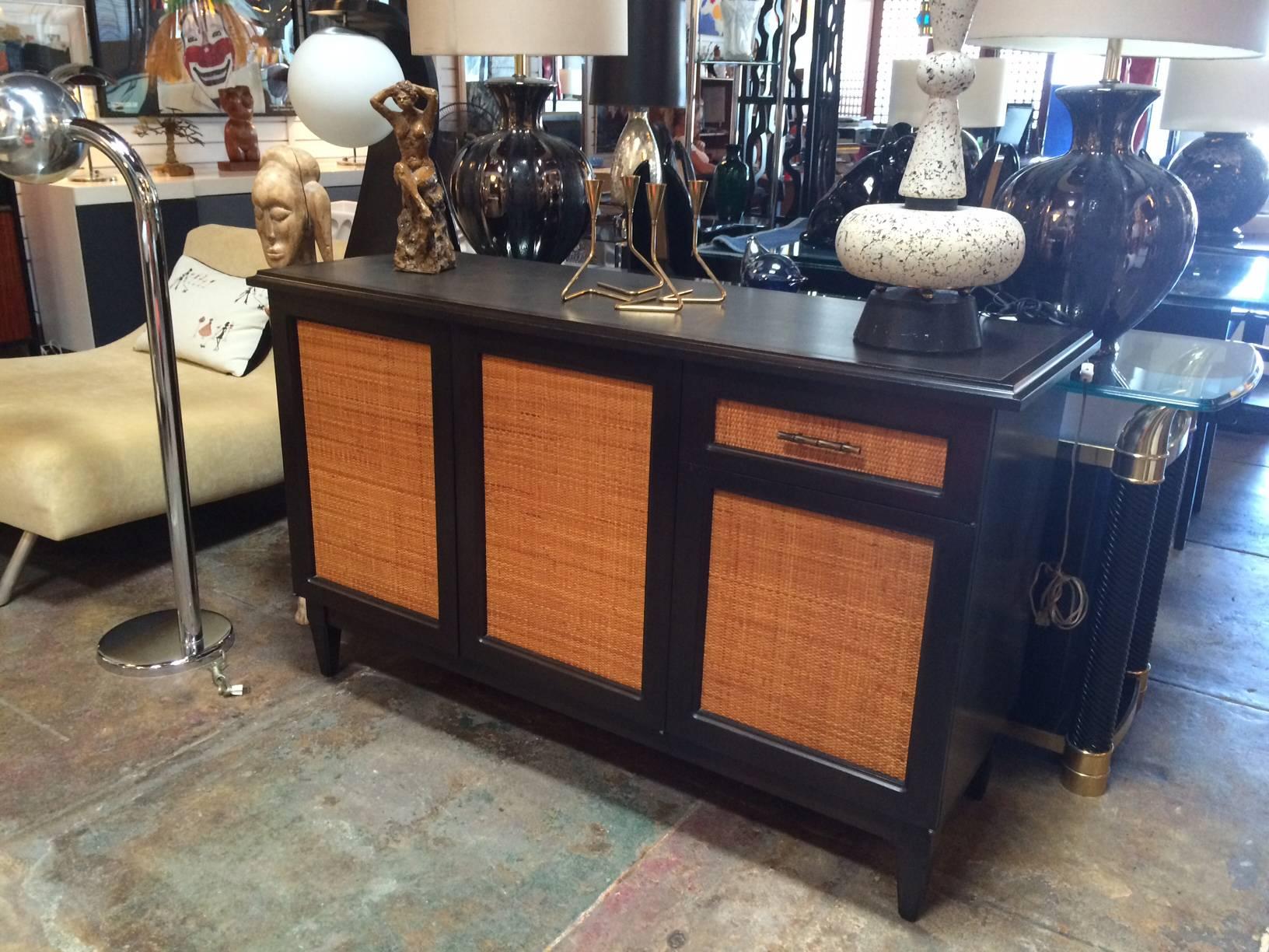 American Light Color Cane and Dark Walnut Credenza in the Manner of Edward Wormley