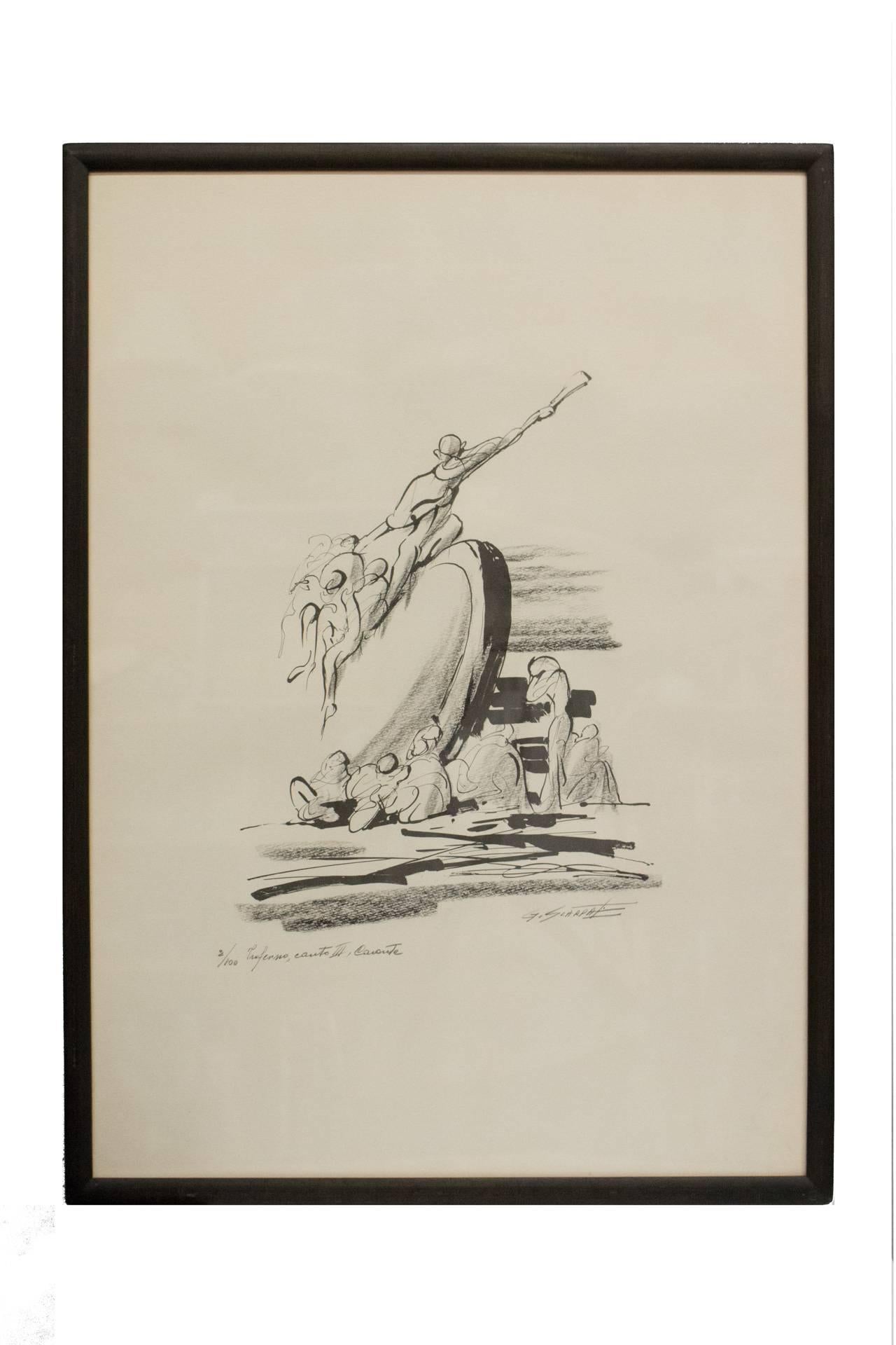 One of two lithographs we have in the same style. Each drawing illustrates a different canto from the opera Divine Comedy based on the work of Dante Alighieri. Titled in Italian, numbered edition and signed by the artist G.Scarpa. In original dark