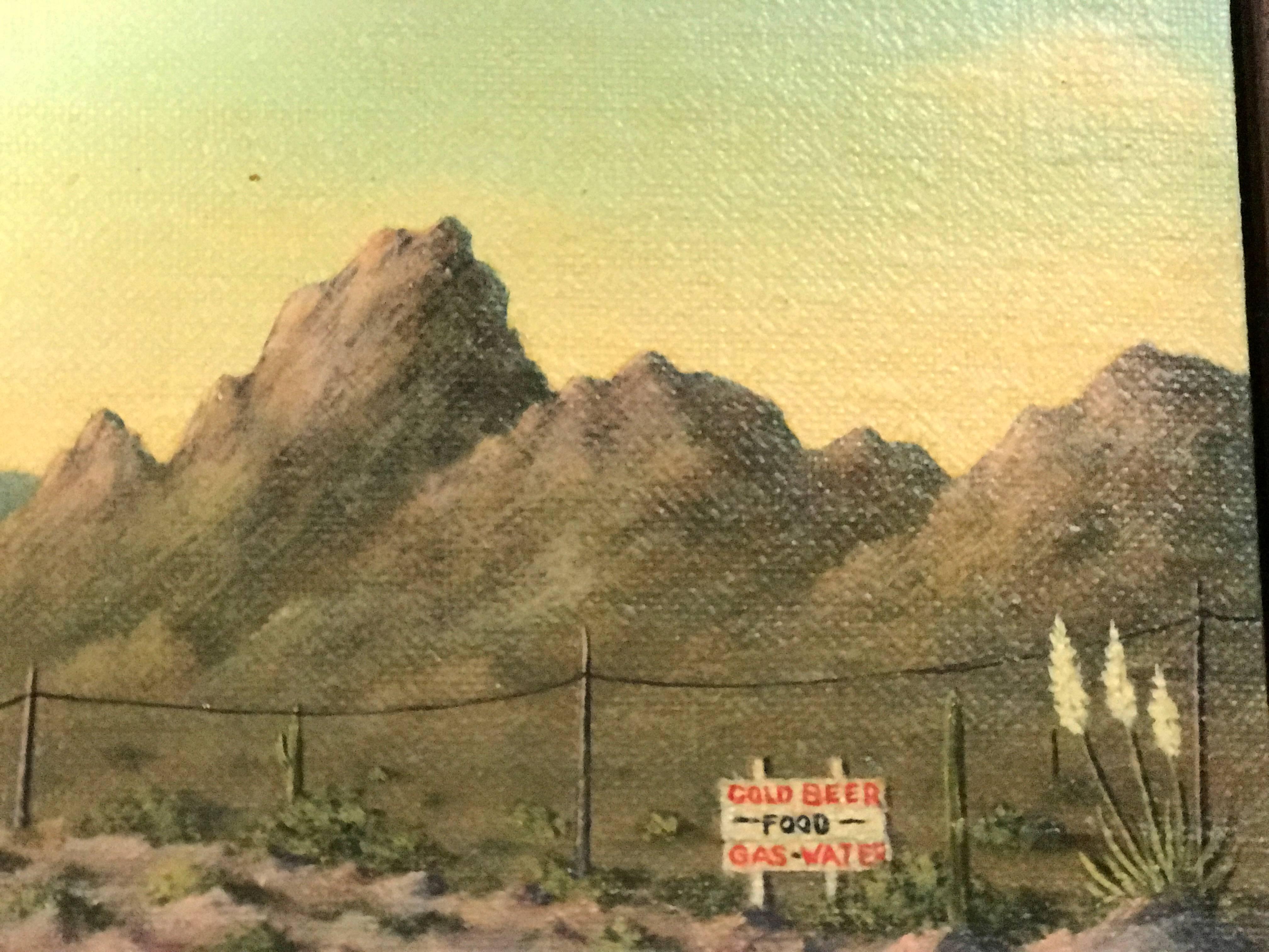 Small painting of a remote desert landscape depicting roadside sign and small market. Signed "Barkley '81".