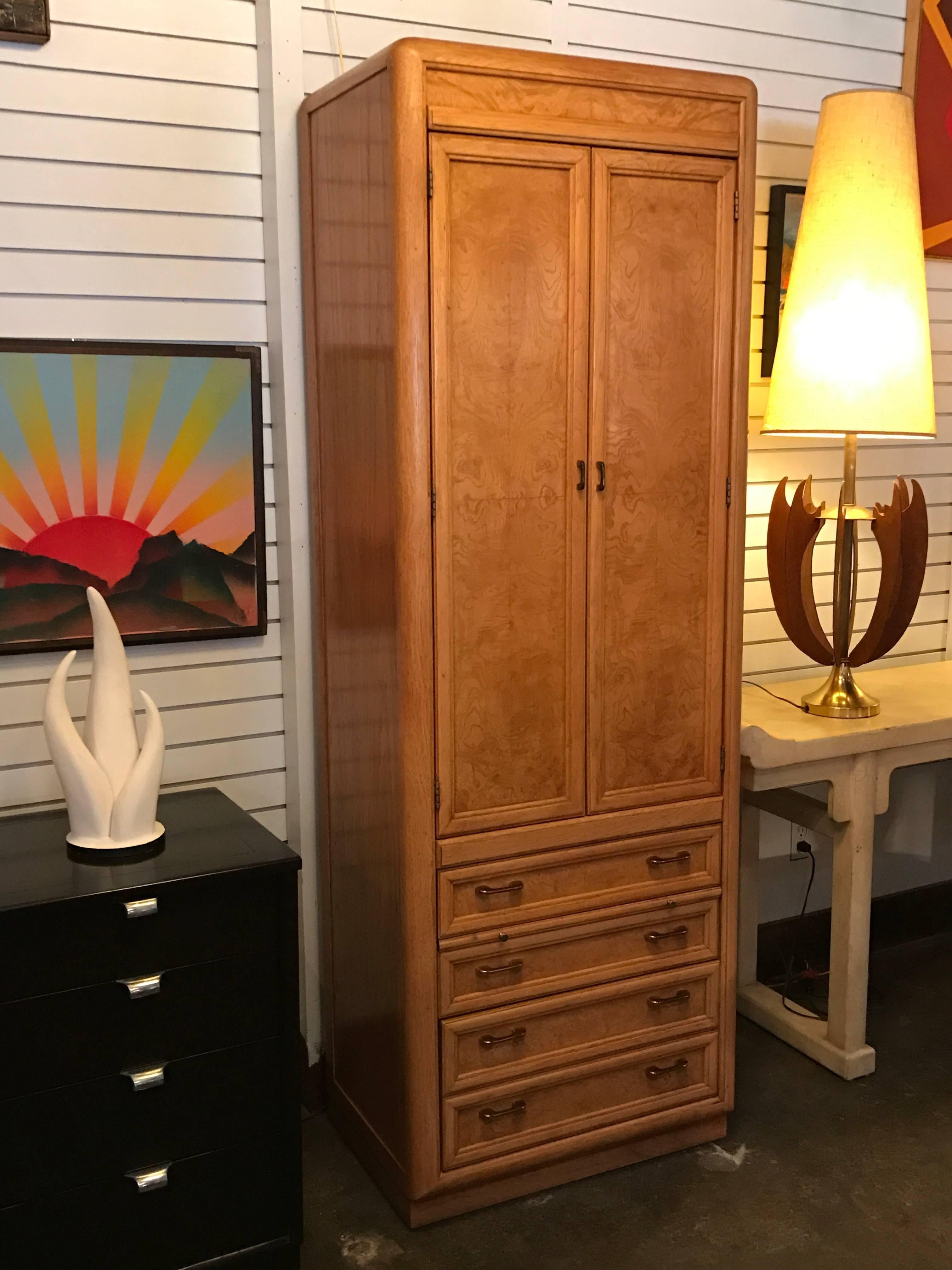Mid-Century Modern Rare Pair of High and Narrow Bird's-Eye Maple Cabinets by Thomasville
