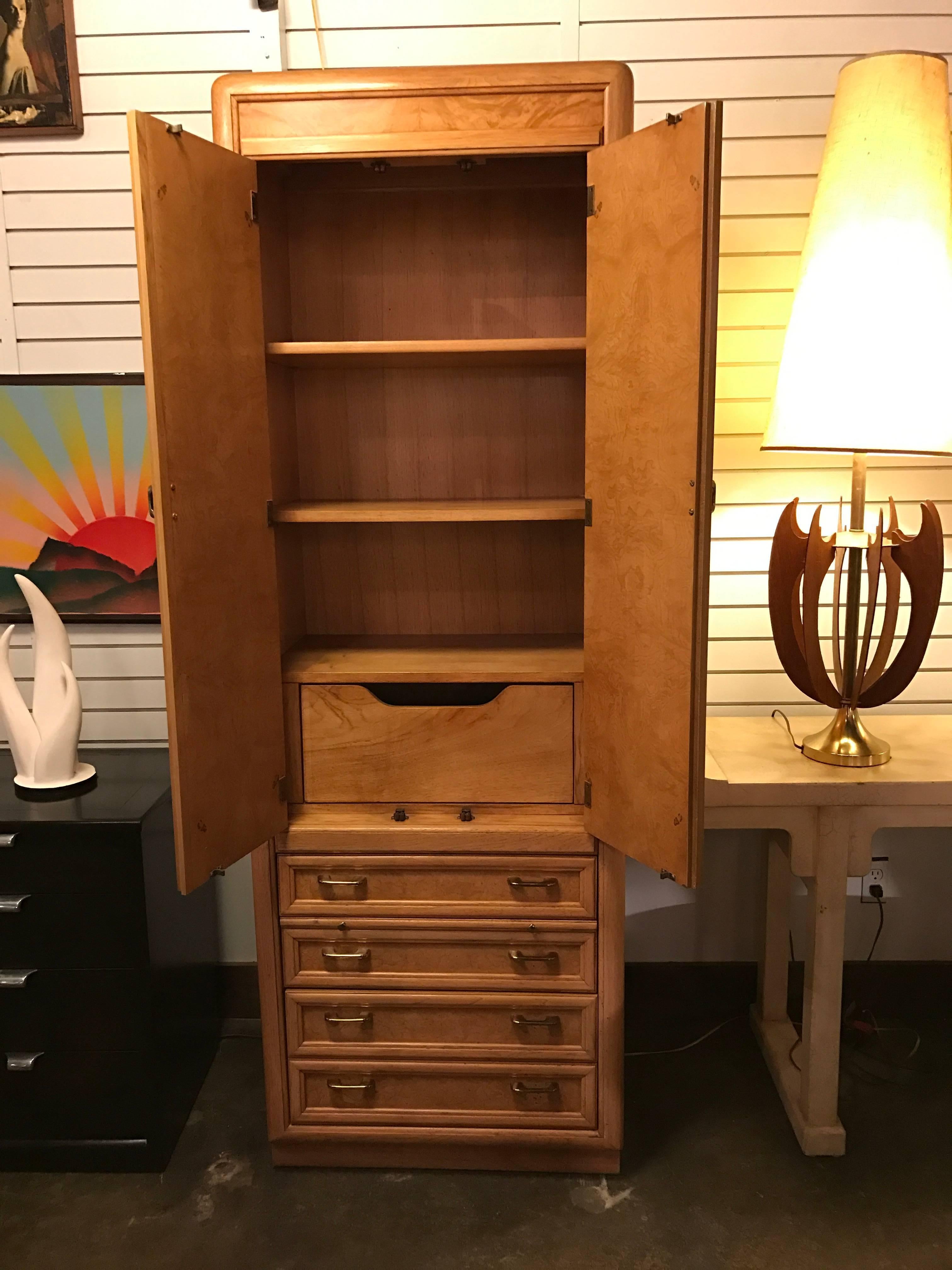 American Rare Pair of High and Narrow Bird's-Eye Maple Cabinets by Thomasville