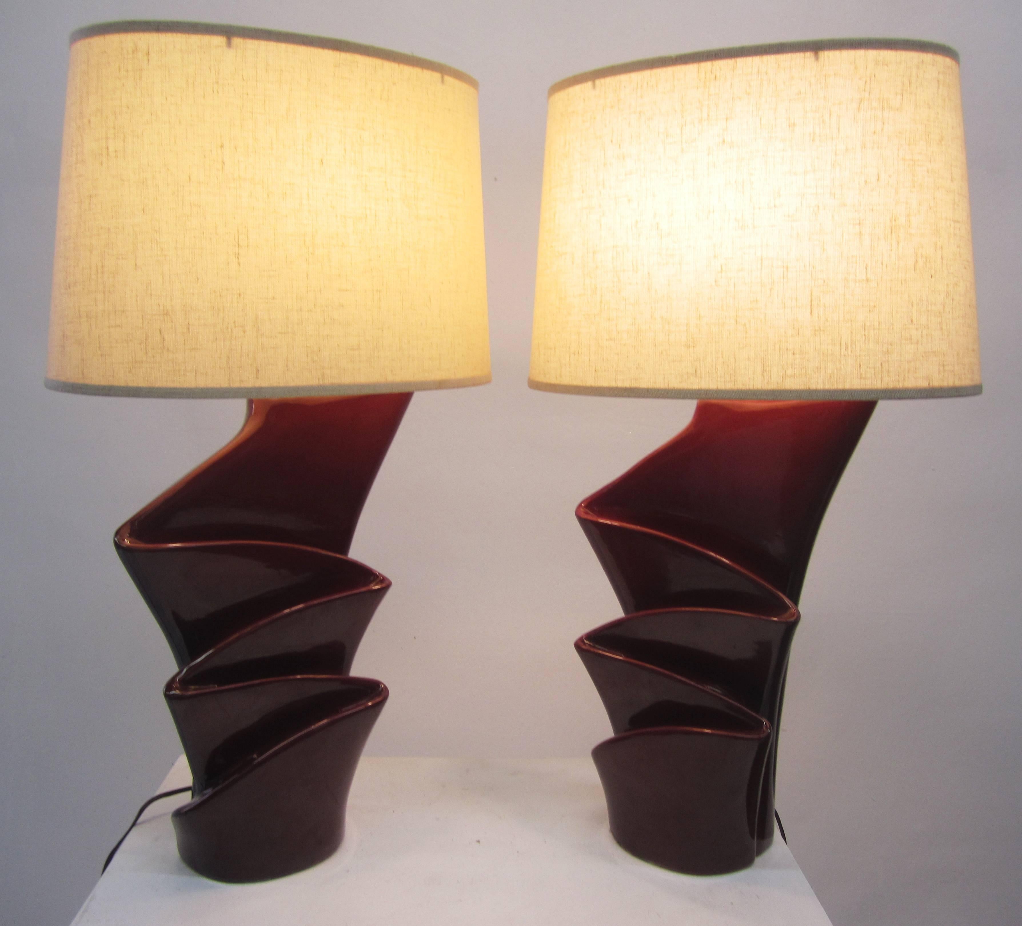 Glazed Red Ceramic Curtain Lamps, a Pair