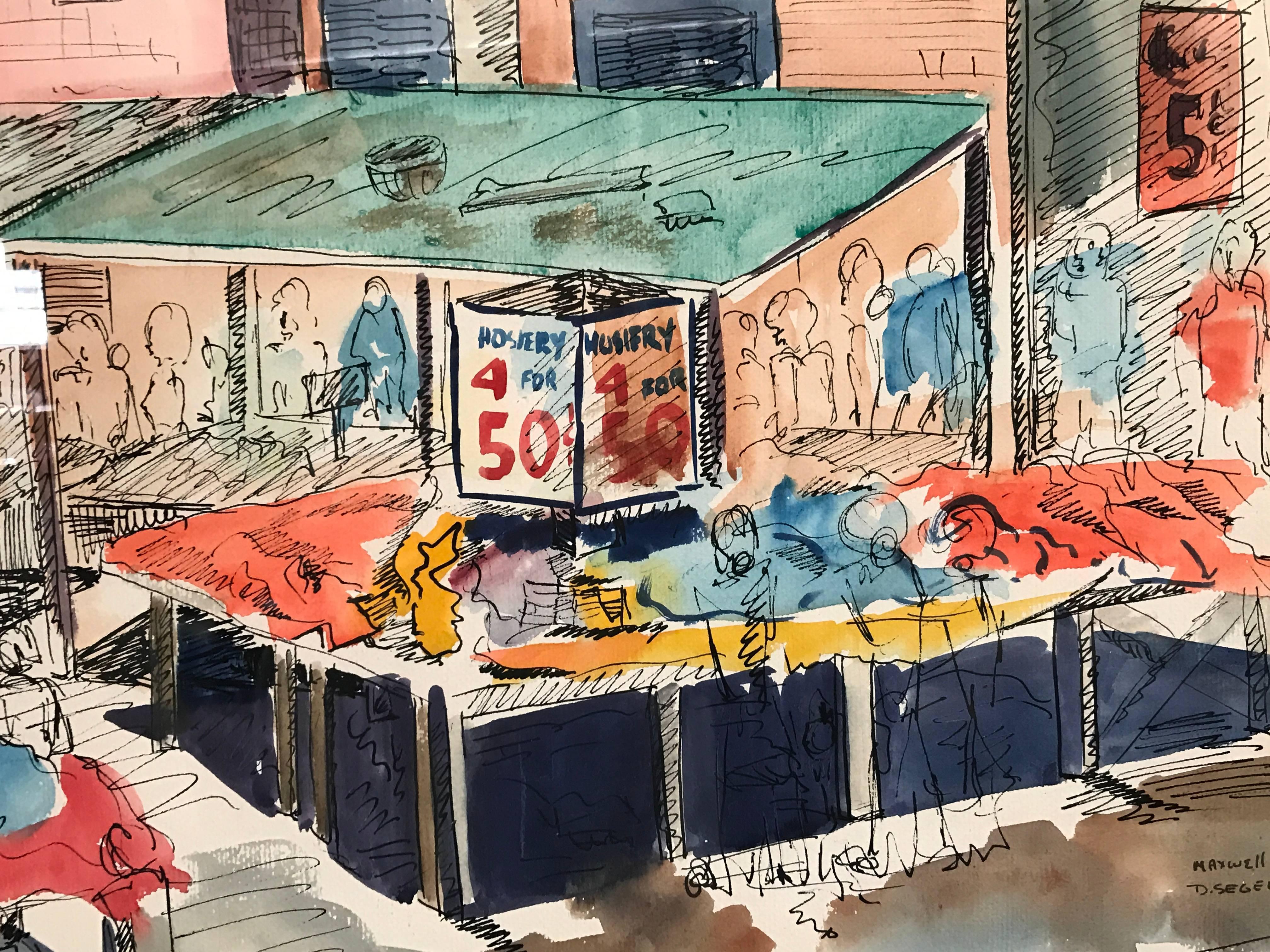 Framed watercolor artwork of an open air market on Maxwell Street in Chicago, signed "D. Segel. It's dated 1949 and sits in its original walnut frame.
Please contact us for availability of our other pieces by this artist.
David Segel is an