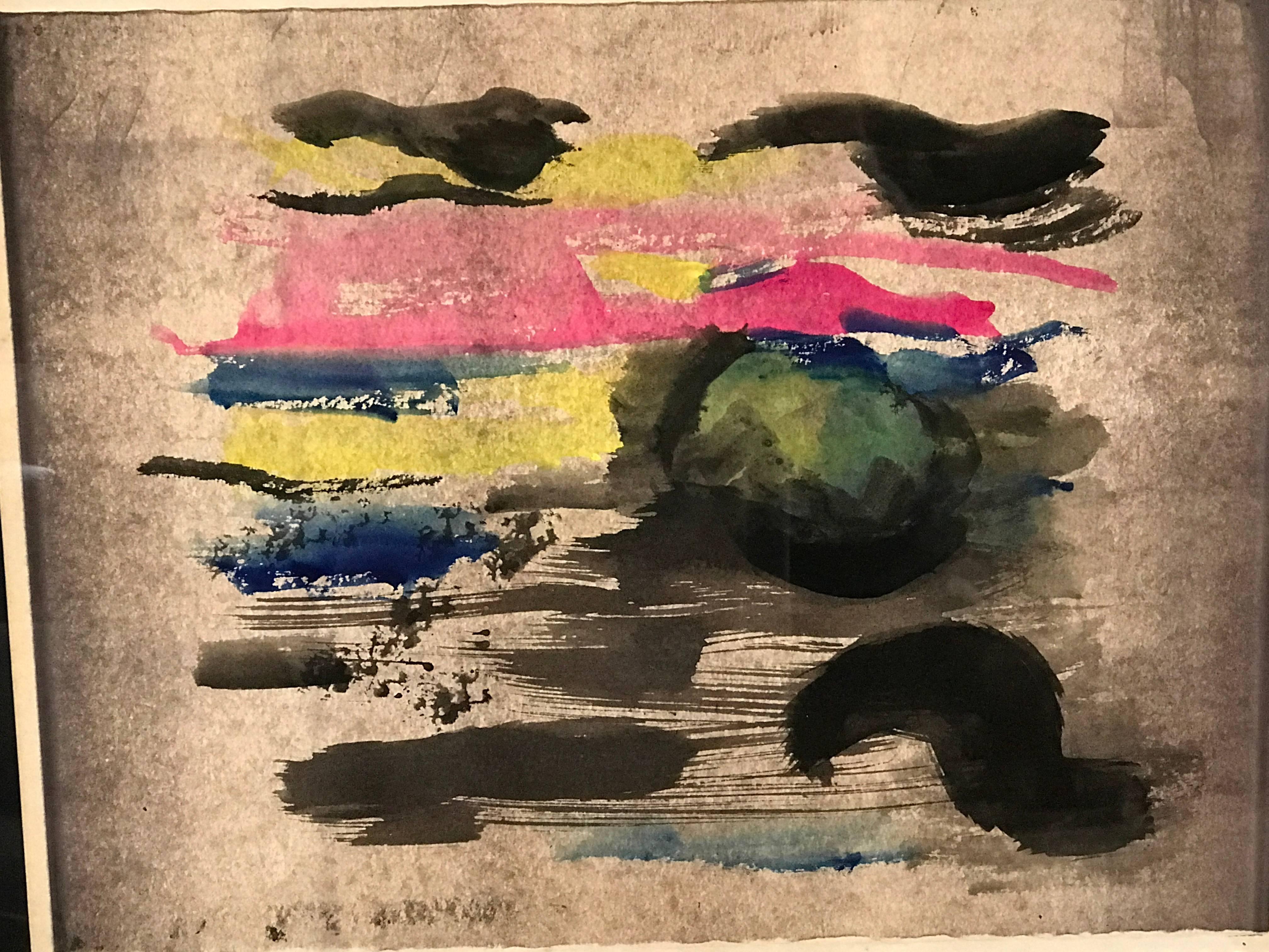 Watercolor painting by France Cami featuring broad strokes of black, hot pink, yellow and blue on a grey ombre background.