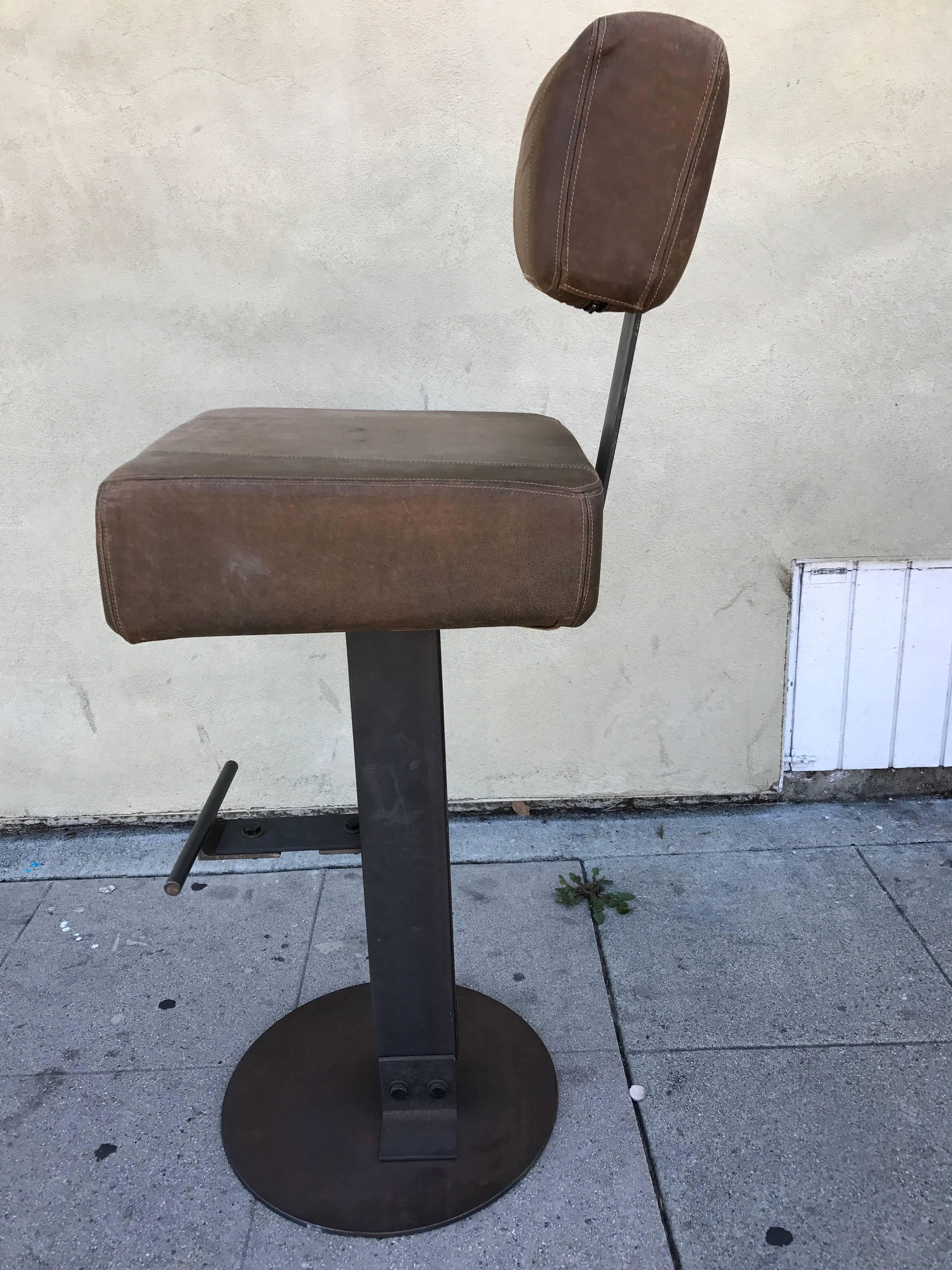 American Pair of Brown Leather and Steel Industrial Bar Stools For Sale
