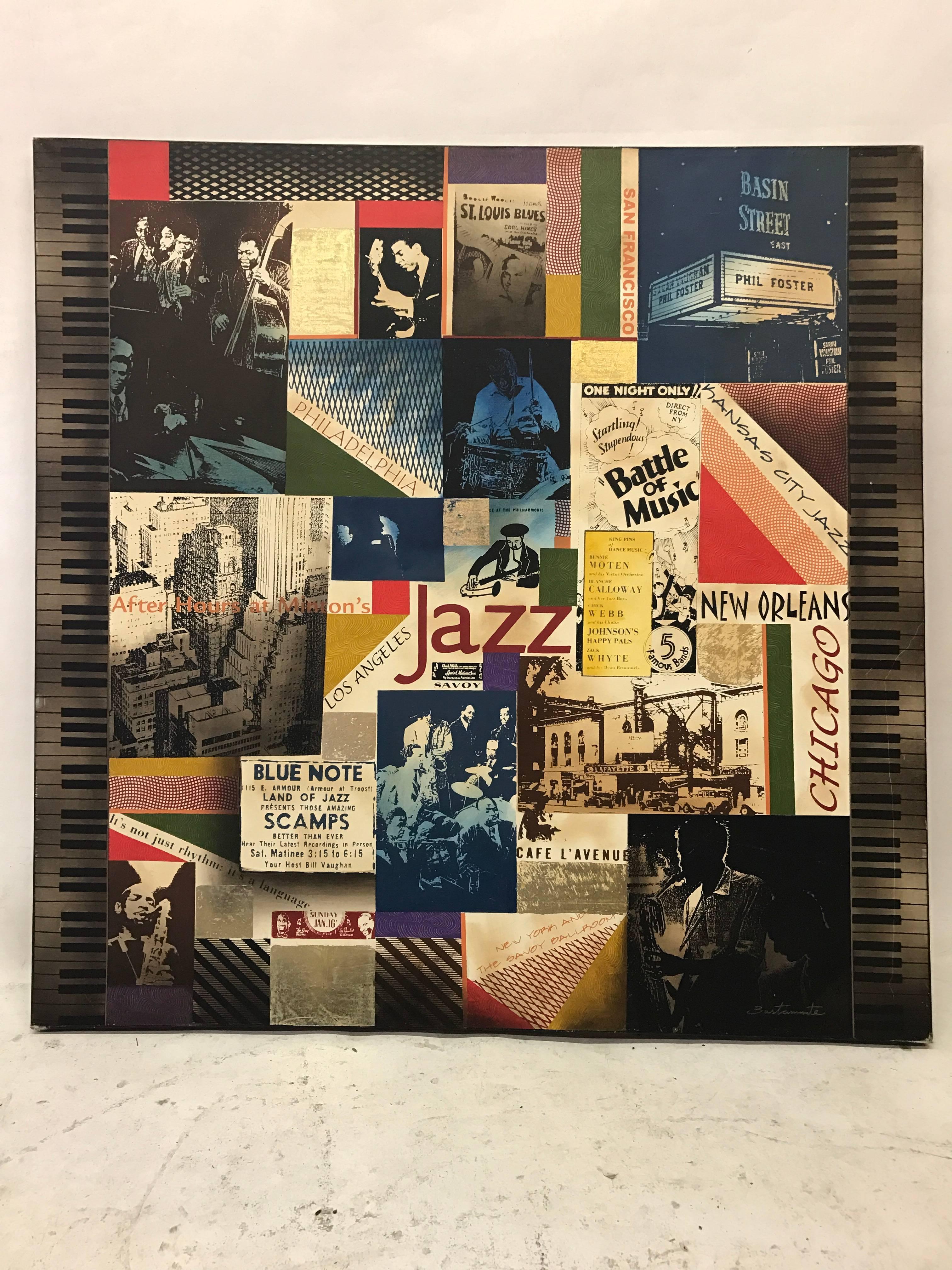 High quality print on canvas of a collage signed Bustamante. This multicolored piece captures the energy of the jazz scene and features names of cities that had prominent jazz clubs, as well as photos of saxophone players.
 