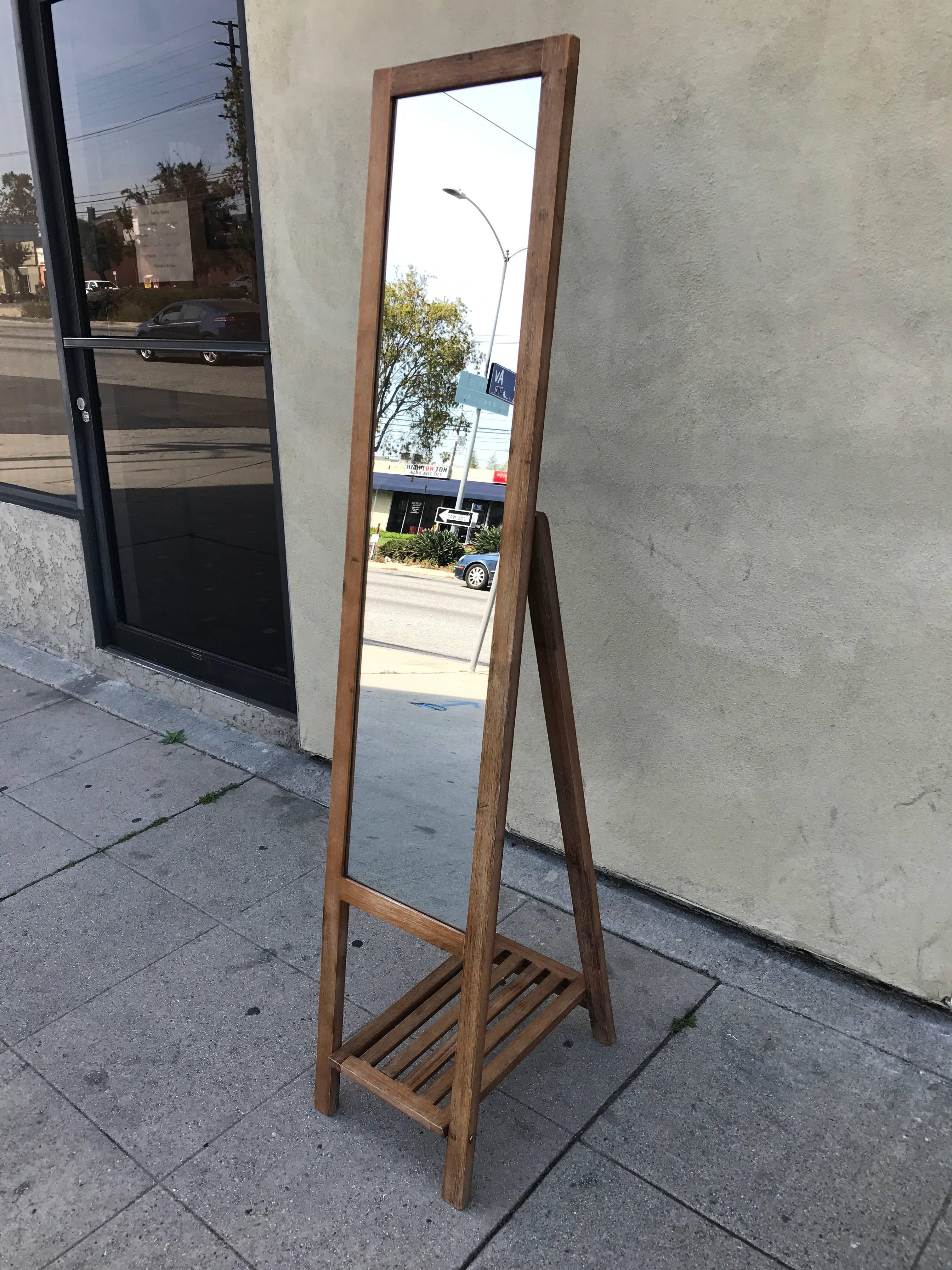 Mid-Century Modern Foldable Standing Mirror in Oak with Slatted Shelf