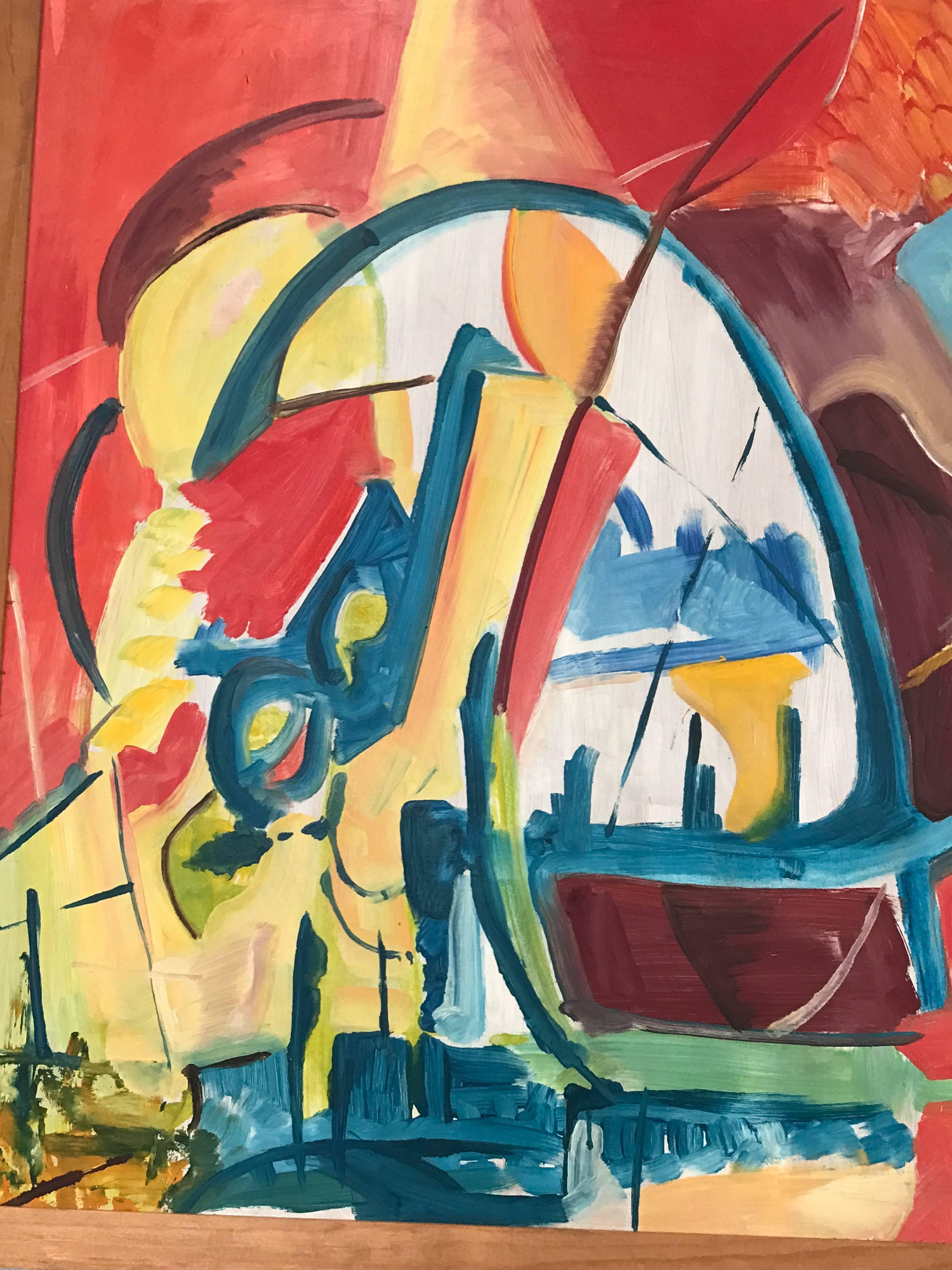 Abstract painting from the estate of Bert Miripolsky, 1953. American artist Miripolsky studied painting at the Chicago Art Institute in the early 1940s and has exhibited throughout the world since 1945. His work portrays very personal emotional