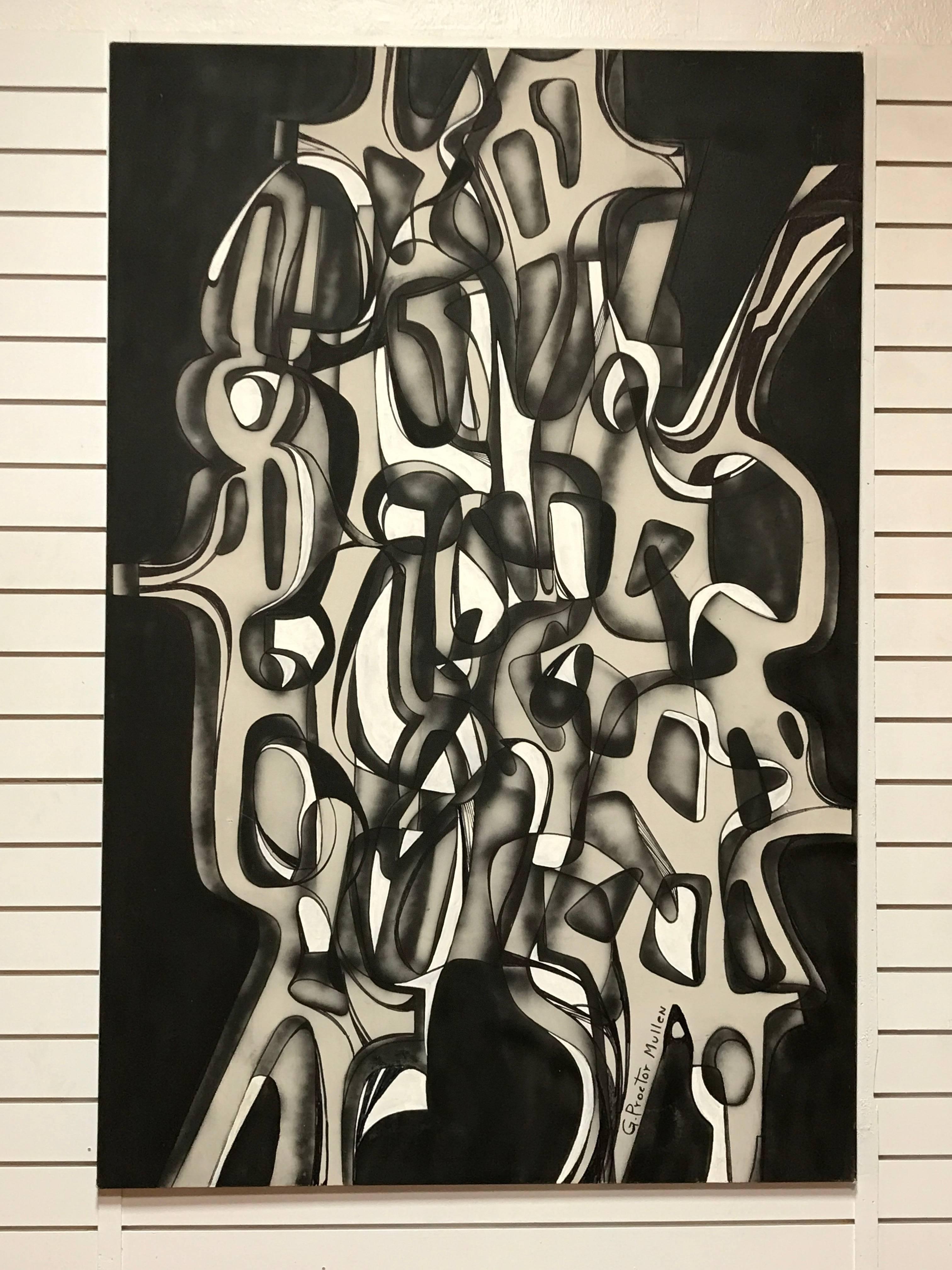 An abstract form in grey and white on a black background from multi-disciplinary artist George Mullen. 

A prolific artist formerly based in Santa Barbara, George Mullen produced not only large-scale paintings, but unique furniture of his own