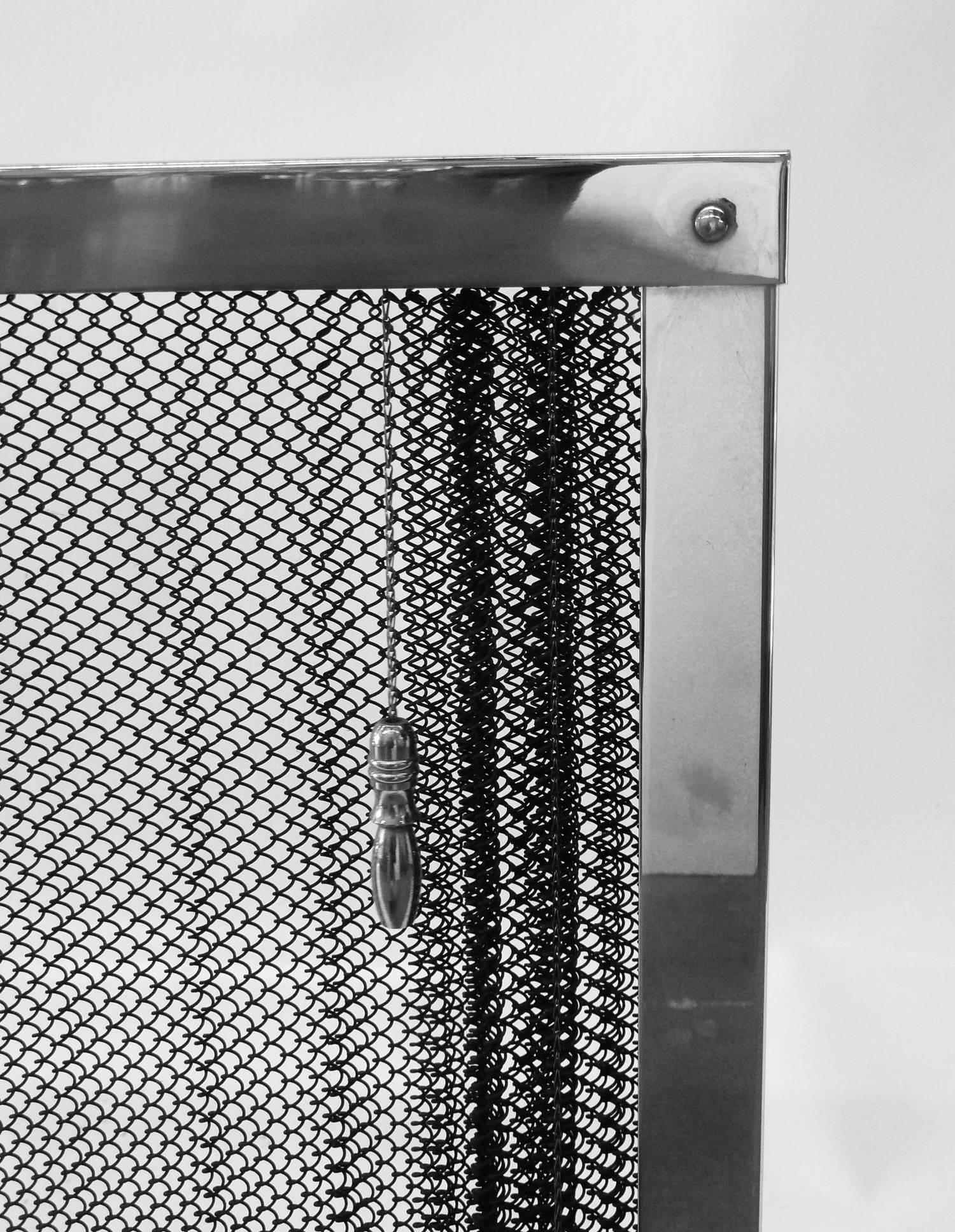 American 1970s Chromed Fireplace Screen with Metal Curtain