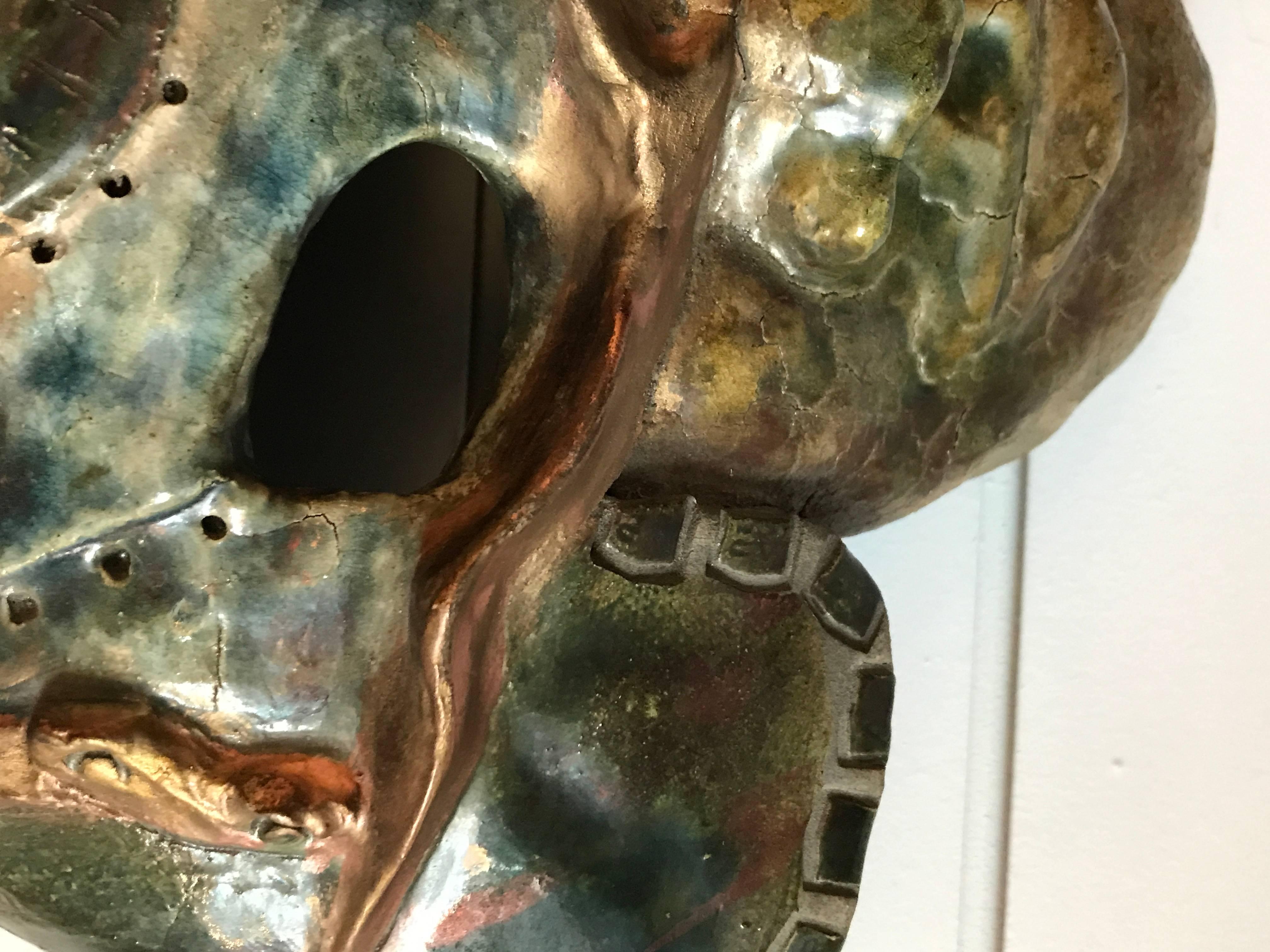 Ceramic Raku Mask of a Warrior in Helmet by Hal Wahlborg In Excellent Condition In Pasadena, CA