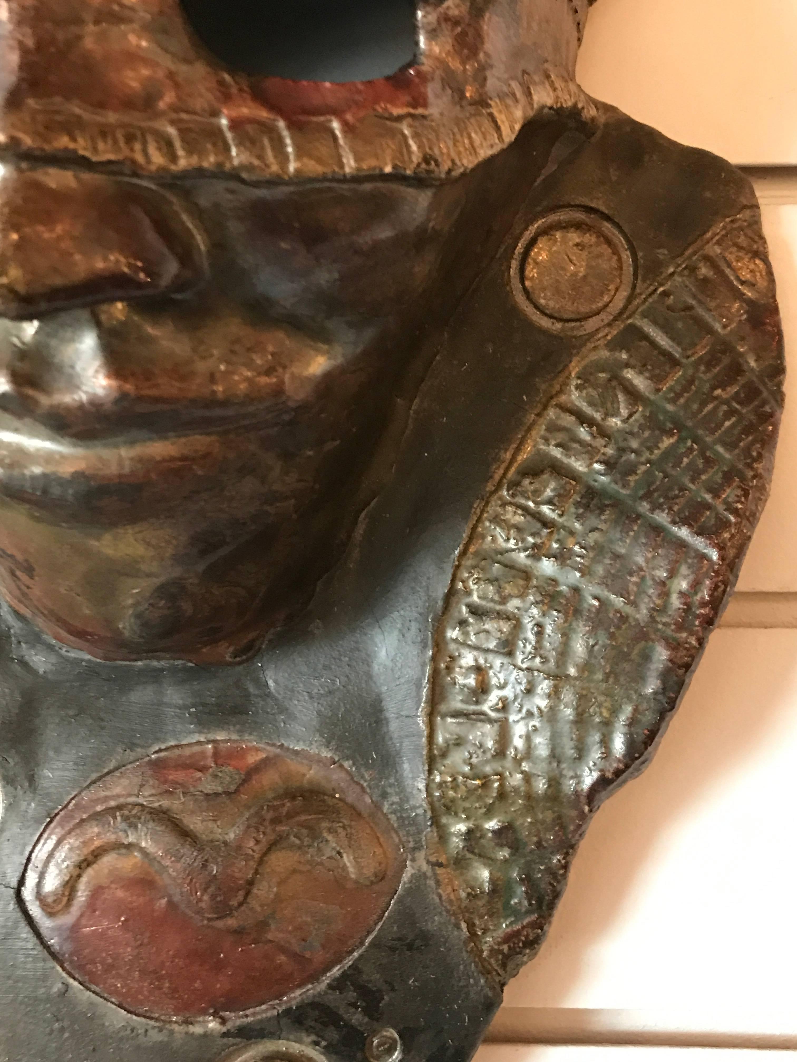 20th Century Ceramic Raku Mask of a Warrior in a Headdress by Hal Wahlborg