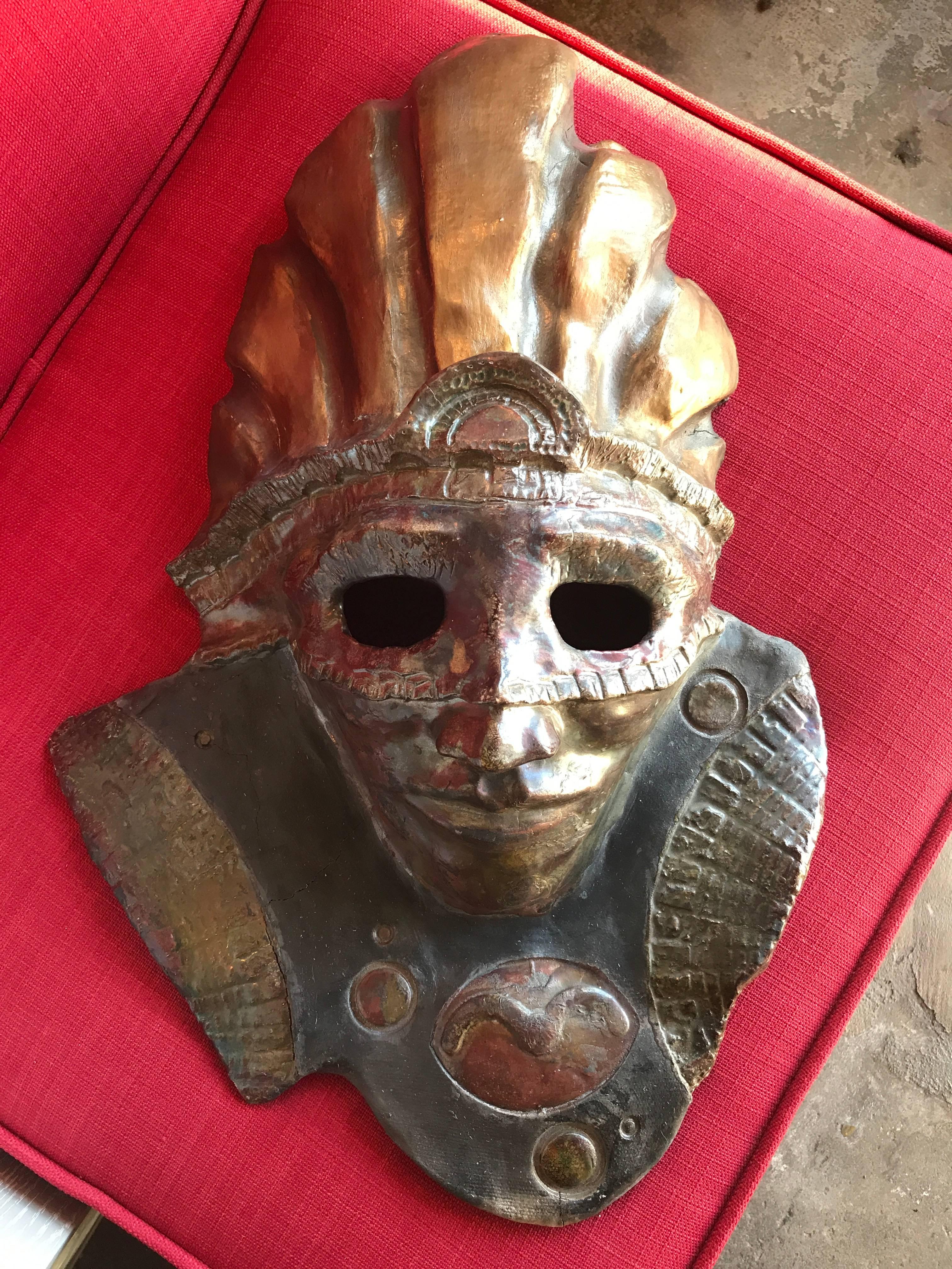 Post-Modern Ceramic Raku Mask of a Warrior in a Headdress by Hal Wahlborg