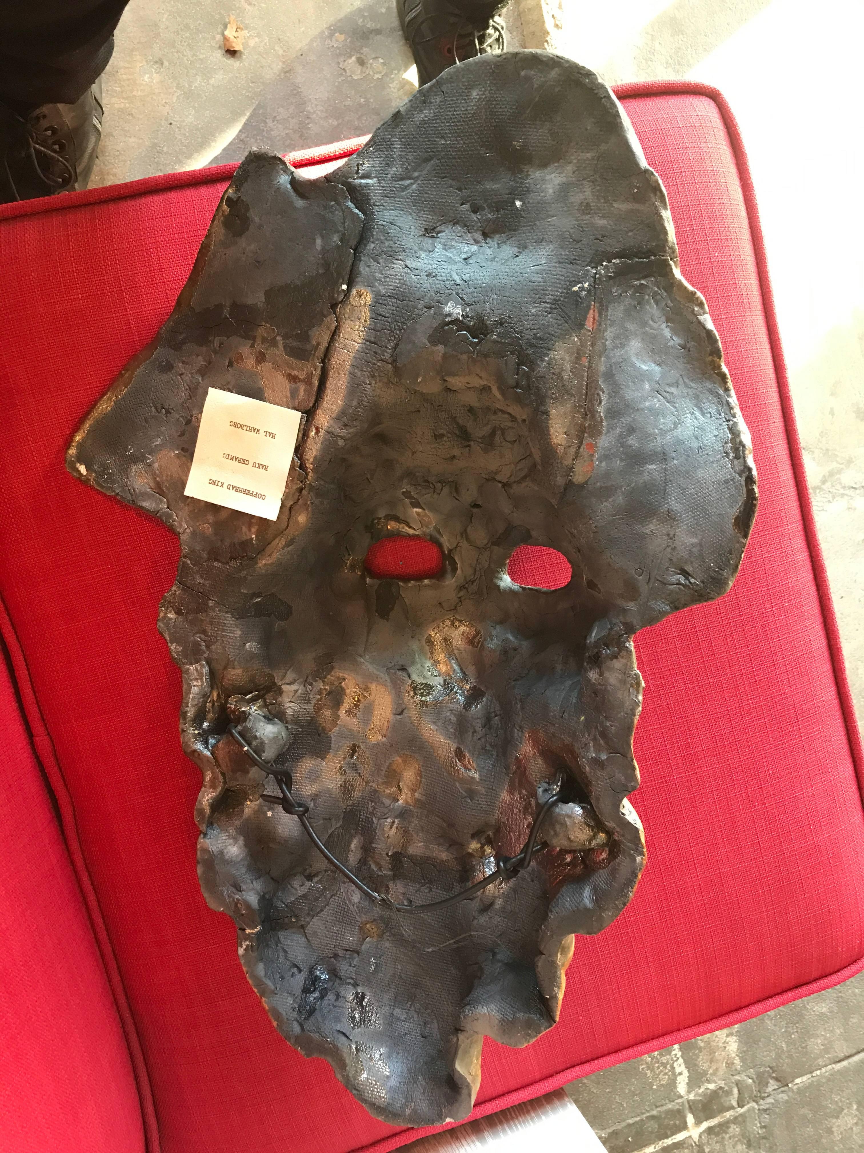 Ceramic Raku Mask of a Warrior in a Headdress by Hal Wahlborg In Excellent Condition In Pasadena, CA