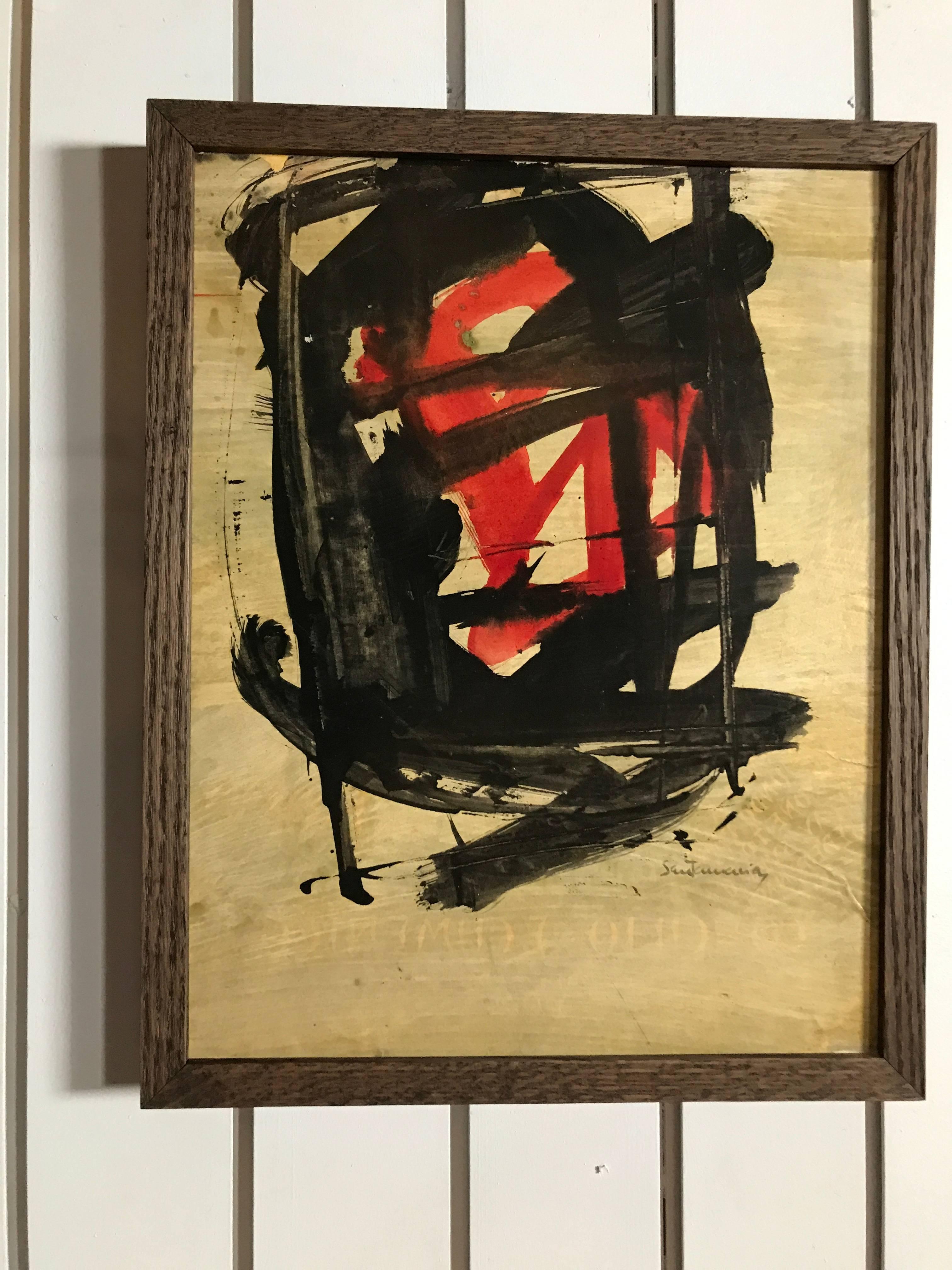 Newly framed painting on board by Spanish artist Santamaria. Black and red stokes on a beige background. Painting appears to be on top of a poster board of some sort, as the reverse image of printed words can be seen lightly through the beige wash.