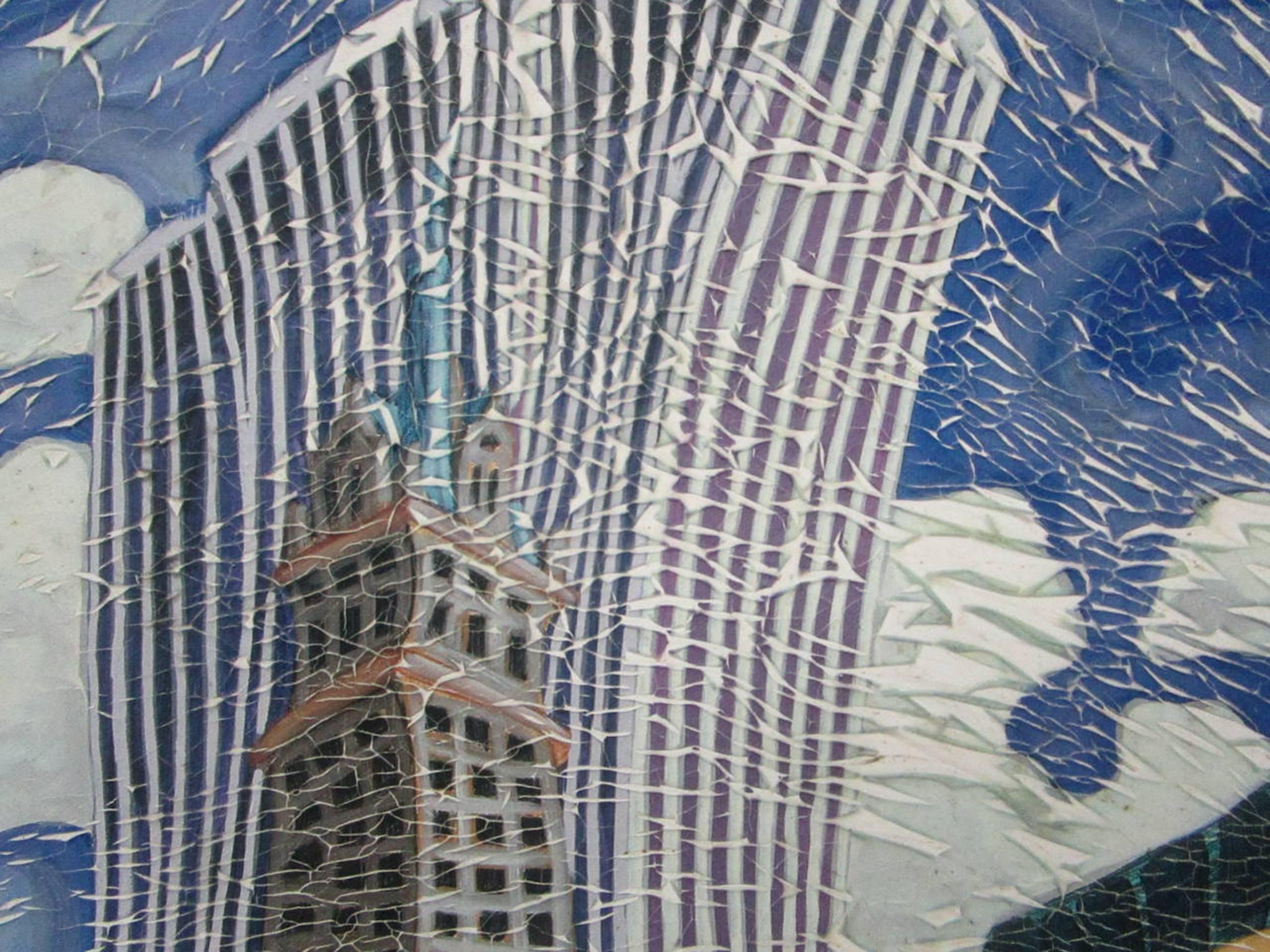 Undulating Cityscape acrylic painting with crackled effects on canvas showing stress of movement in both architecture and paint itself.