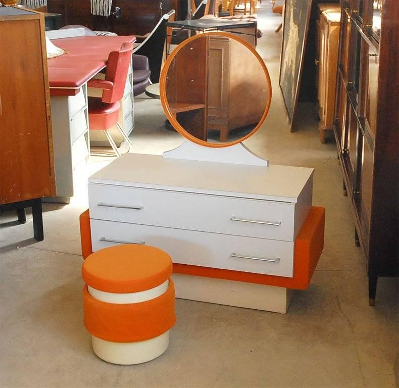Mid-Century Modern French 1970s Vanity with One Stool and Two Side Tables