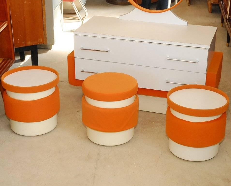 Late 20th Century French 1970s Vanity with One Stool and Two Side Tables