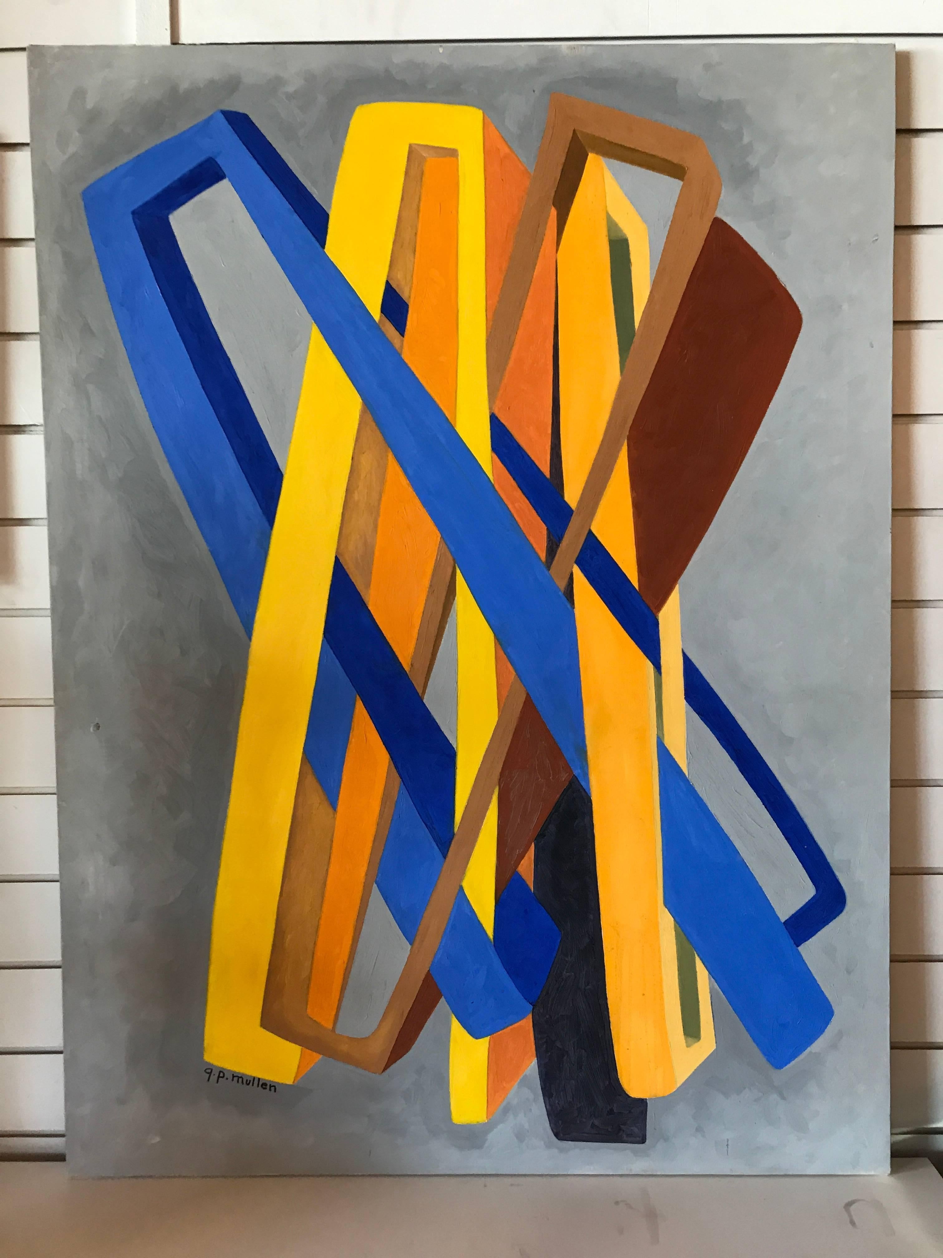 Acrylic on canvas from 1989 by artist George Mullen. Ribbons or even pathways, in shades of yellow and orange intersect with blue, seemingly suspended in space.

A prolific artist formerly based in Santa Barbara, George Mullen produced not only