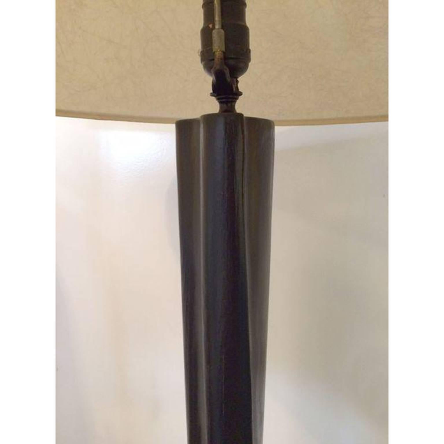 Brass Black Lacquer Carved Wood Floor Lamp
