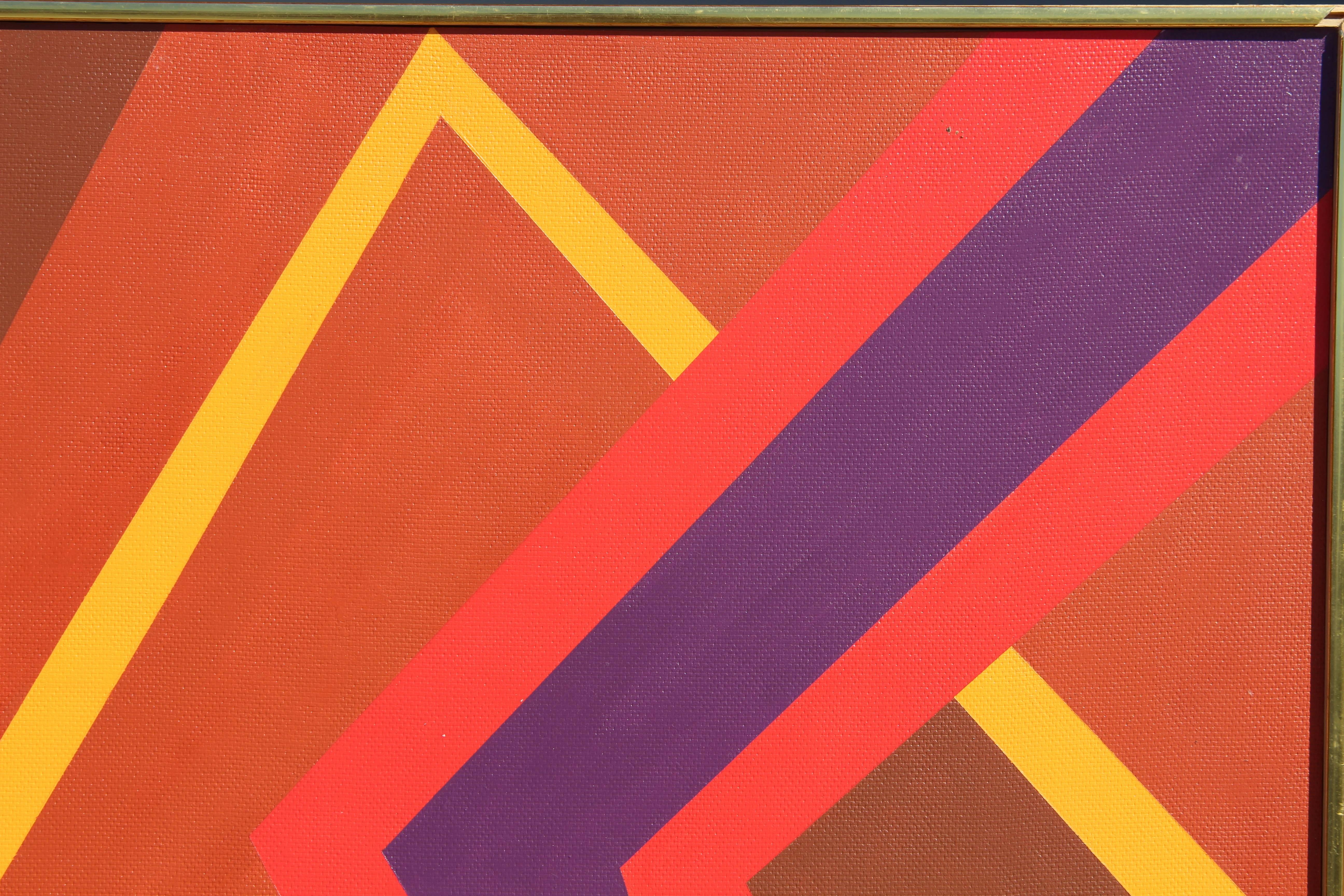 This geometric abstract oil on canvas stretched over board by Herbert Busemann (1905-1994) is painted in rust red, yellow, teal and purple. German-American Busemann was a renowned mathematician who pursued art as a creative outlet after he retired.